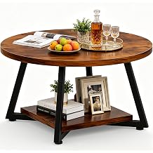 Round Coffee Table for Living Room, 27.6&ldquo; Circle Coffee Table, 2-Tier Industrial Coffee Tables with Storage, Wood Coffee Table, Modern Accent Table for Apartment, Office, Small Space, Rustic Brown
