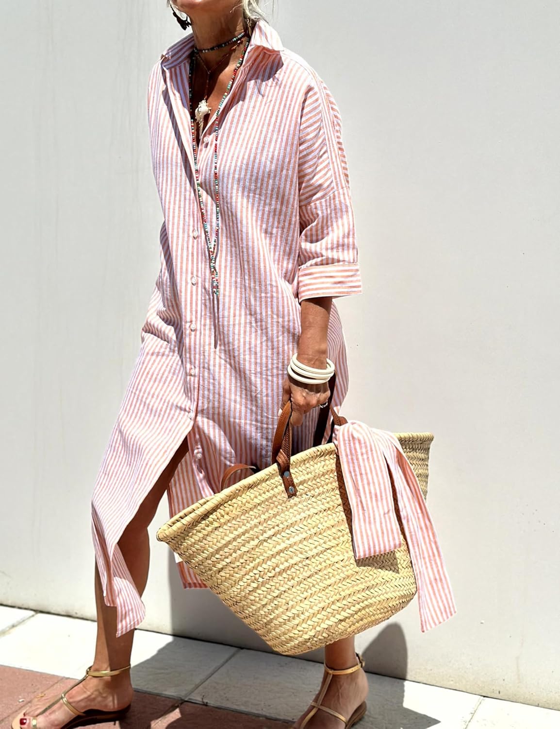 Hooever Shirt Dresses for Women Casual Long Sleeve Button Down Loose Striped Cotton Maxi Shirt Dress - Image 2