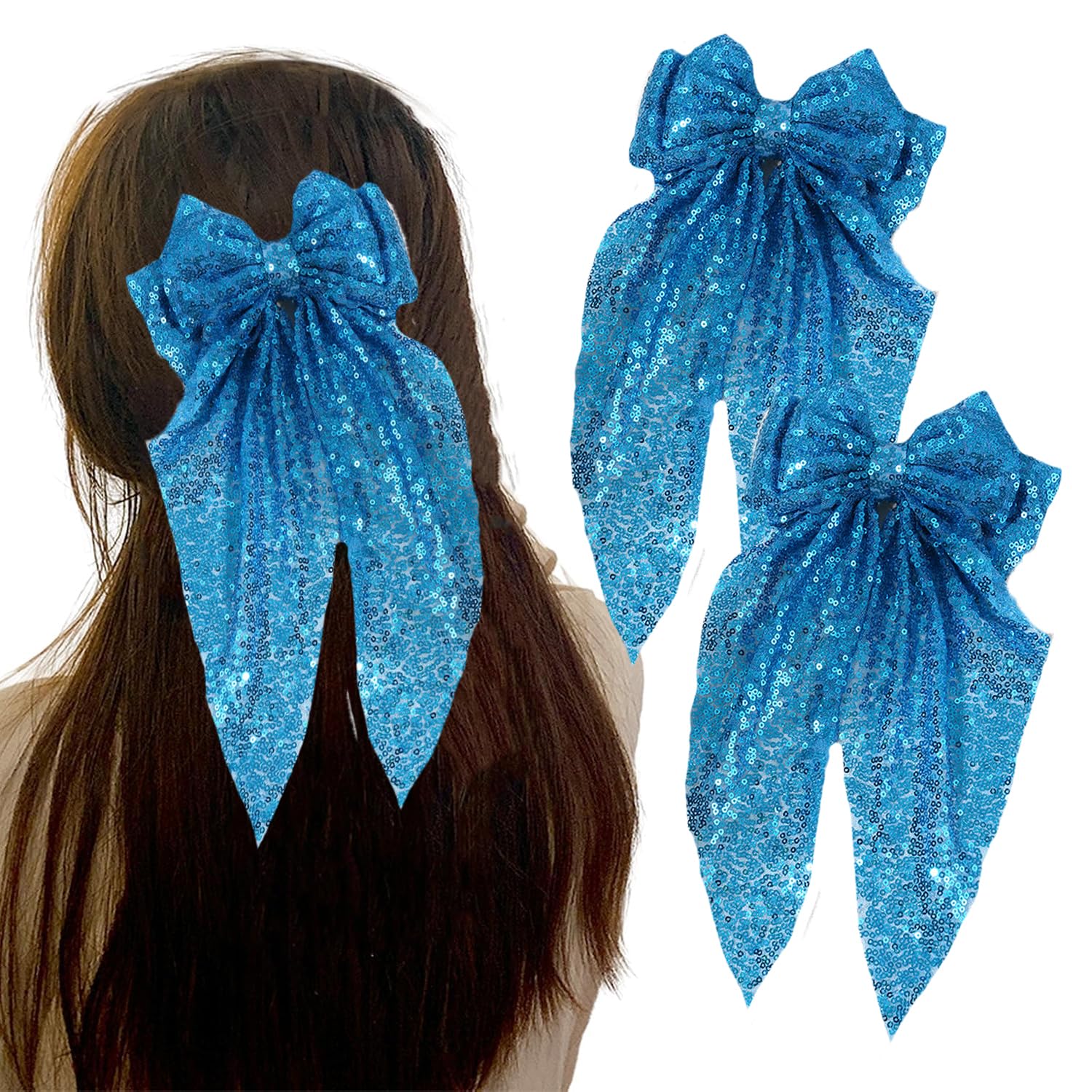 2Pcs 14" Large Sequin Hair Bows Clips - Sparkling Long Nylon Mesh Bow-knot Bling Glitter Layered Hairpin Barrettes for Girls Women (Blue)