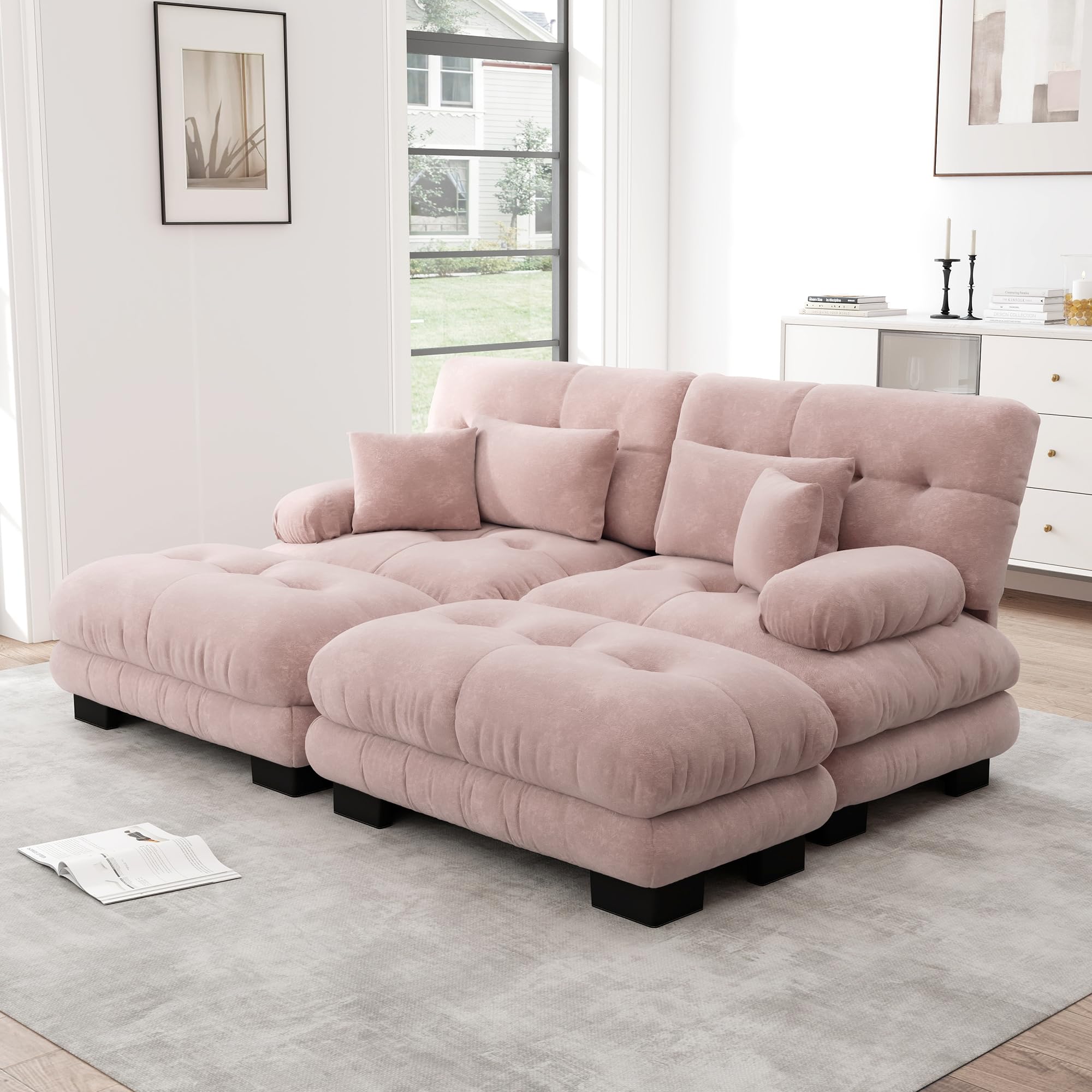 Cloud Divano angolare in ciniglia, 2 cuscini lombari, 2 cuscini decorativi, divano imbottito con braccioli larghi, 2 ottomani ciniglia rosa per soggiorno
