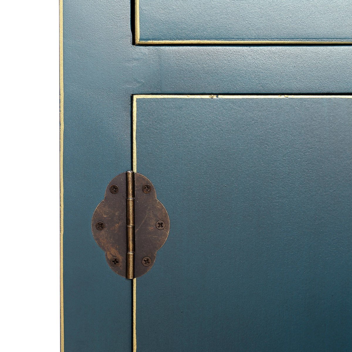 Consola oriental de madera azul con 3 cajones y 4 puertas de 90x95x26 cm | Diseño rústico artesanal con cierres de imán. Decora el recibidor o salón aportando personalidad y mucho almacenaje.