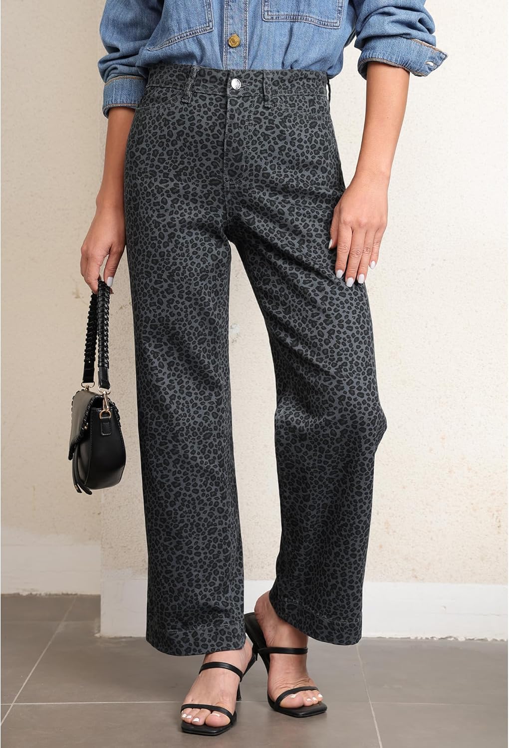 LookbookStore Wide Leg Jeans for Women Trendy High Waisted Stretchy Cheetah Leopard Pants Ankle Length Trouser Jeans - Image 2