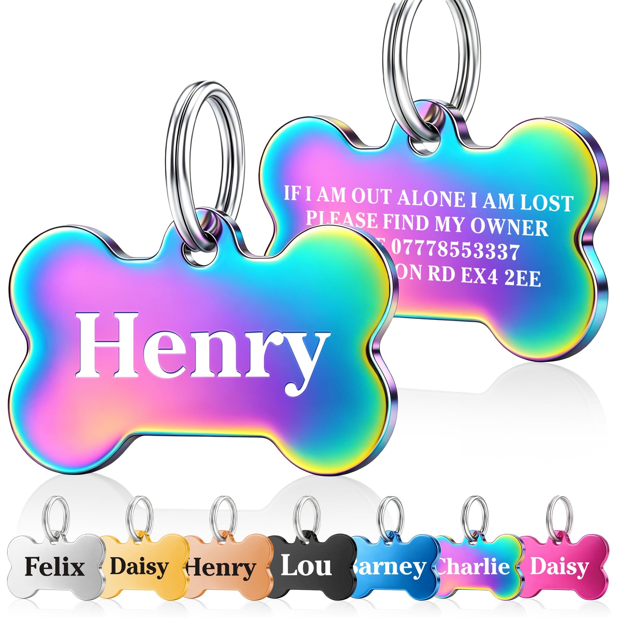 Dog Tags for Pets Engraved UK Personalised Dog Tag ID Name Tags for Cat Puppy Pet Collar Double Sided Deeply Laser Engraved Stainless Steel Identify Tags (Iridescent(Bone), L)