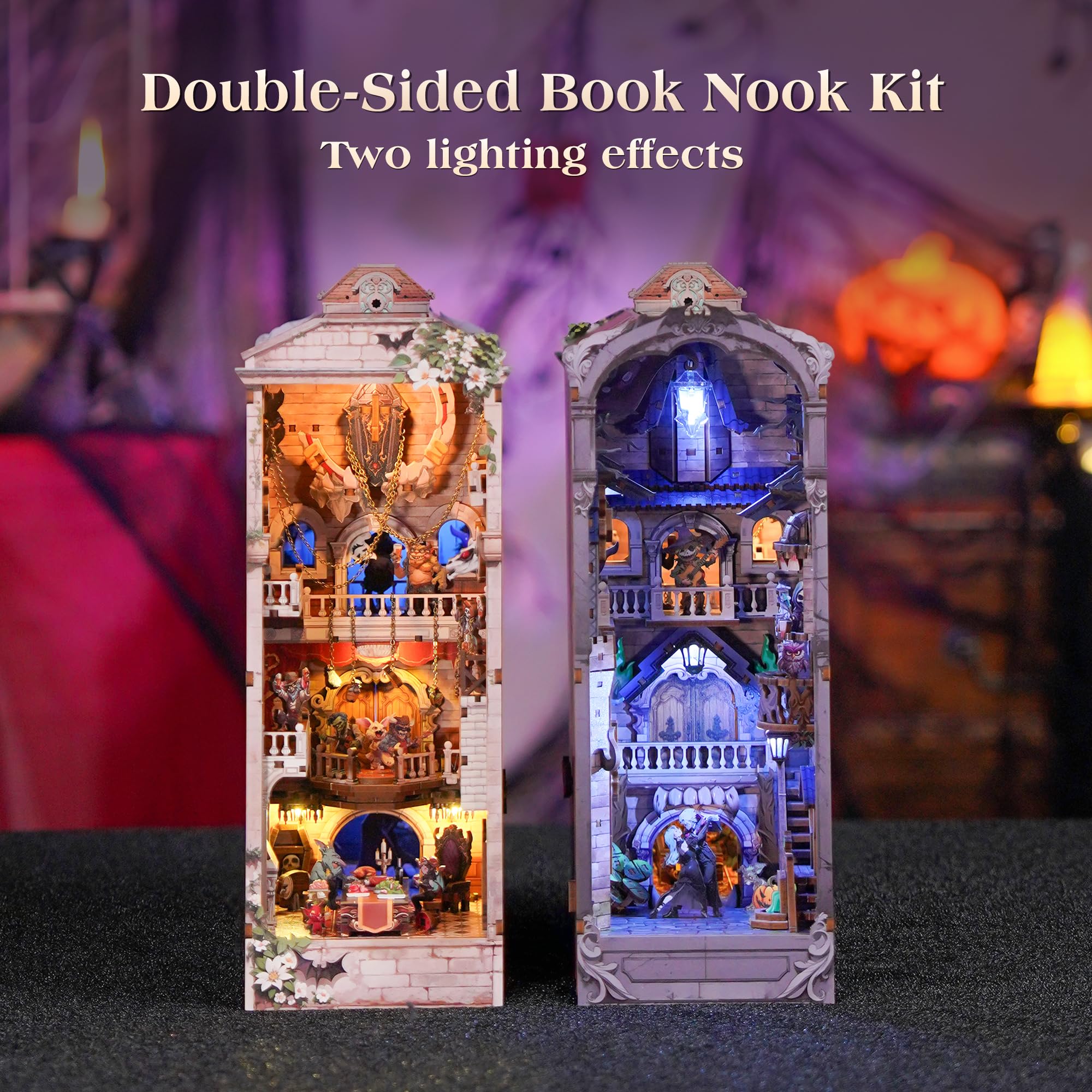 Tonecheer Book Nook Kit 3D, drewniane puzzle DIY, model dla dorosłych, miniaturowy dom ze światłem, uroczy prezent (karnawał potwora)