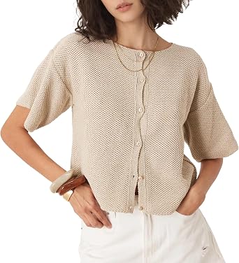 Ainangua Womens Casual Cardigan Summer Short Sleeve Crew Neck Button Down Knit Sweater Tops Lightweight Travel OutfitsOatmeal,M