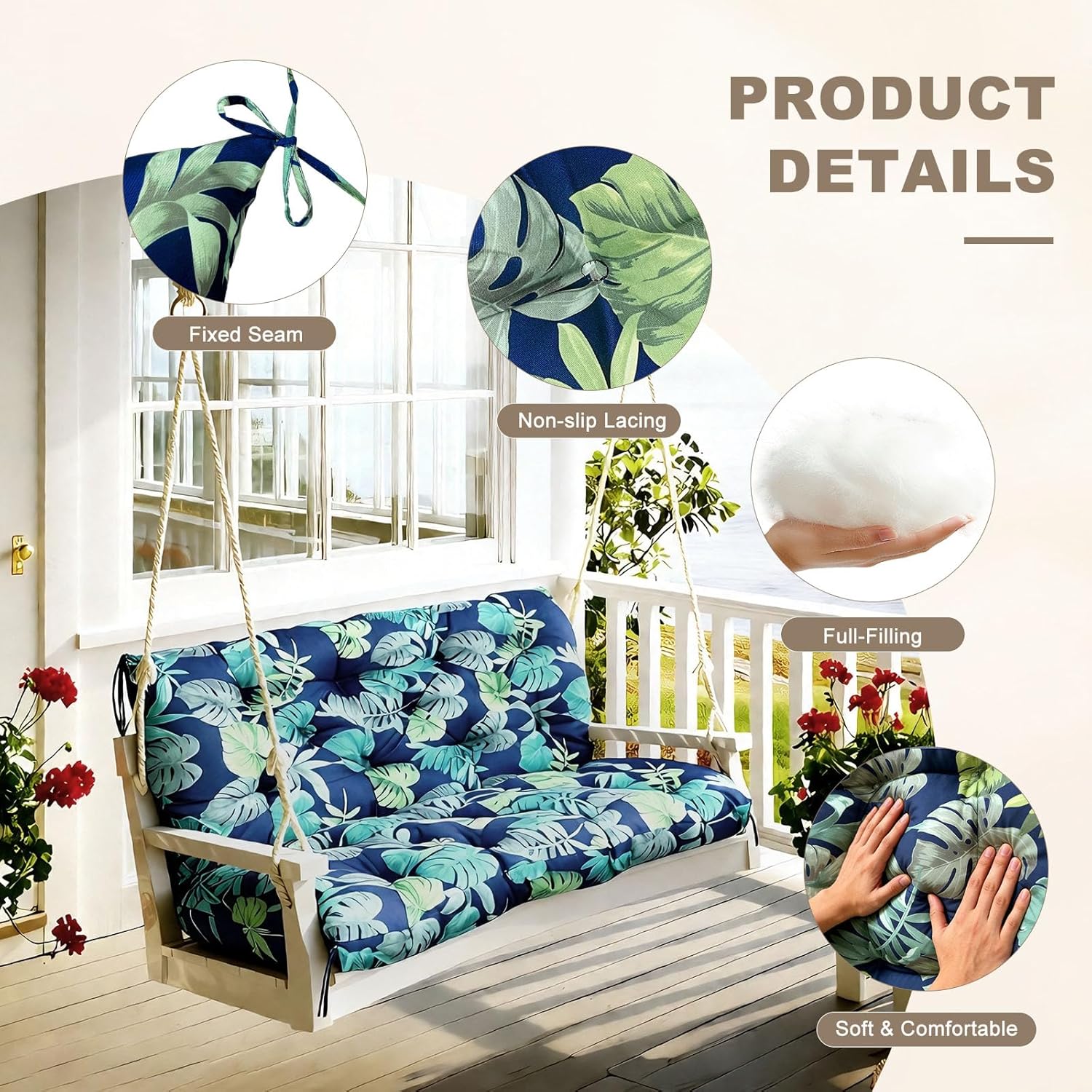 Porch Swing Cushion with Backrest,Waterproof Bench Cushion for Outdoor Furniture,2-3 Seater Replacement Thickened Swing Cushion with Ties,Patio,Outdoor,Backyard and Garden (Floral Navy,47x40")