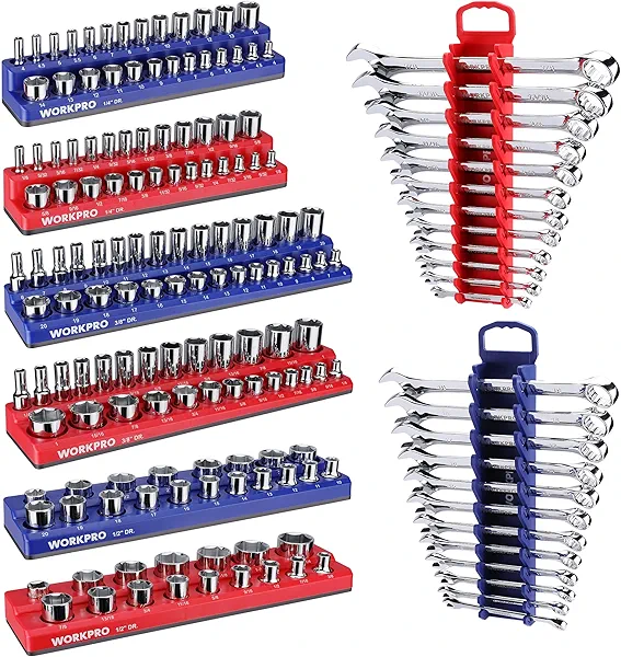 WORKPRO 8-Piece Magnetic Socket Organizer and Magnetic Wrench Organizer Set, Socket Holder Set 1/4", 3/8", 1/2" Drive Metric SAE Socket Storage, Metric SAE Wrench Holder(Socket, Wrench not I