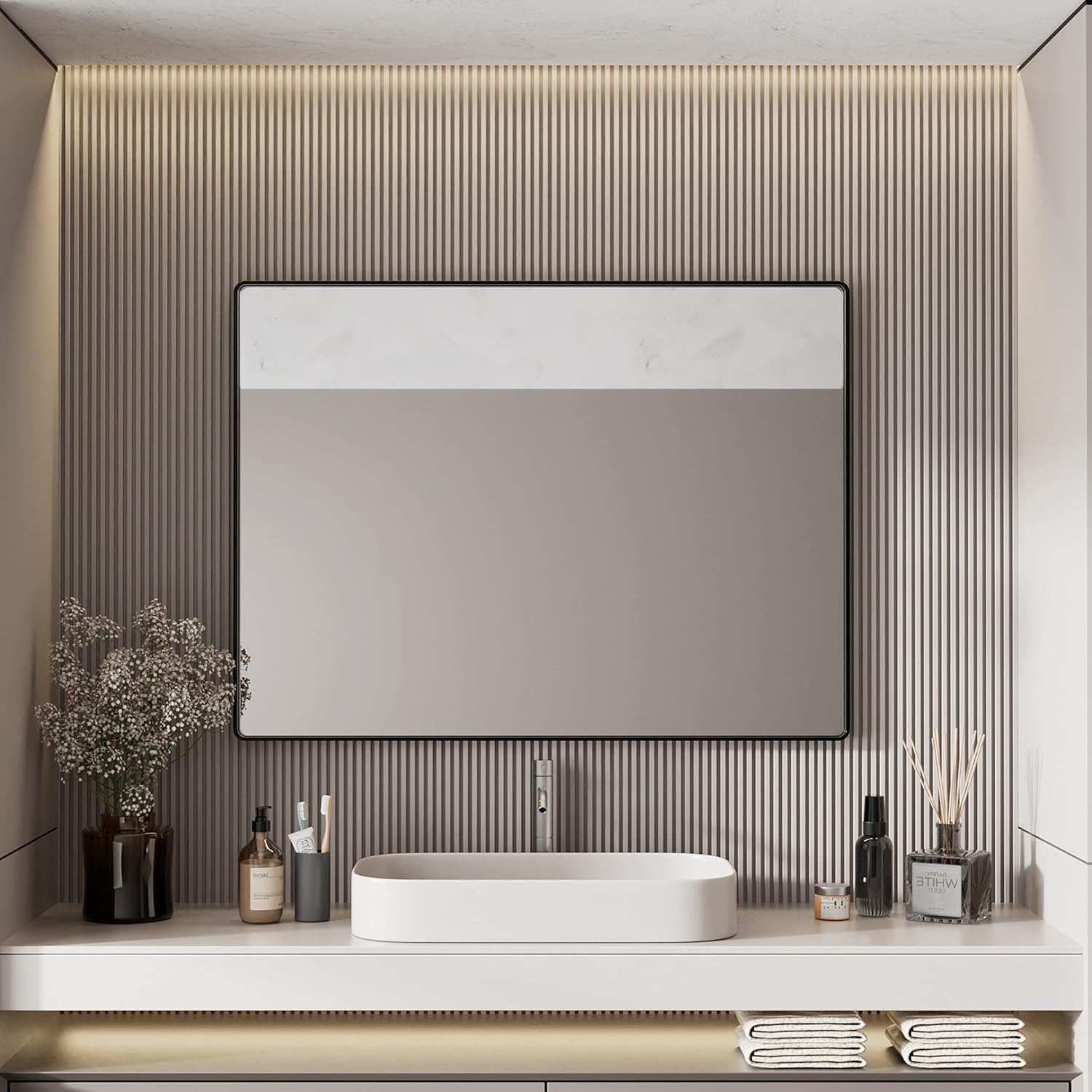 Yamazakura 48x36 Inch Black Framed Bathroom Mirror, Matte