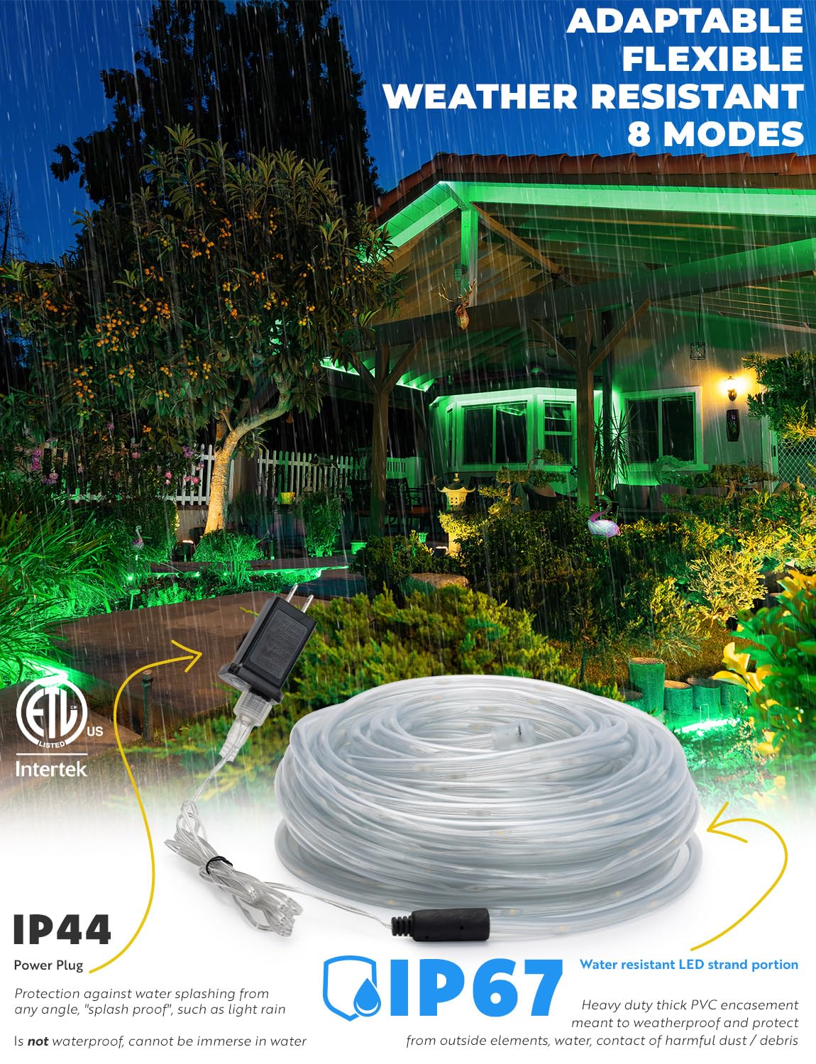 WYZworks 10ft Green LED Rope Light - 8 Modes, Waterproof Outdoor Accent Lighting with Remote, Flexible Clear Tube, ETL Certified, Garden, Patio, Backyard, Holiday Christmas, Tree, Ambient Decor