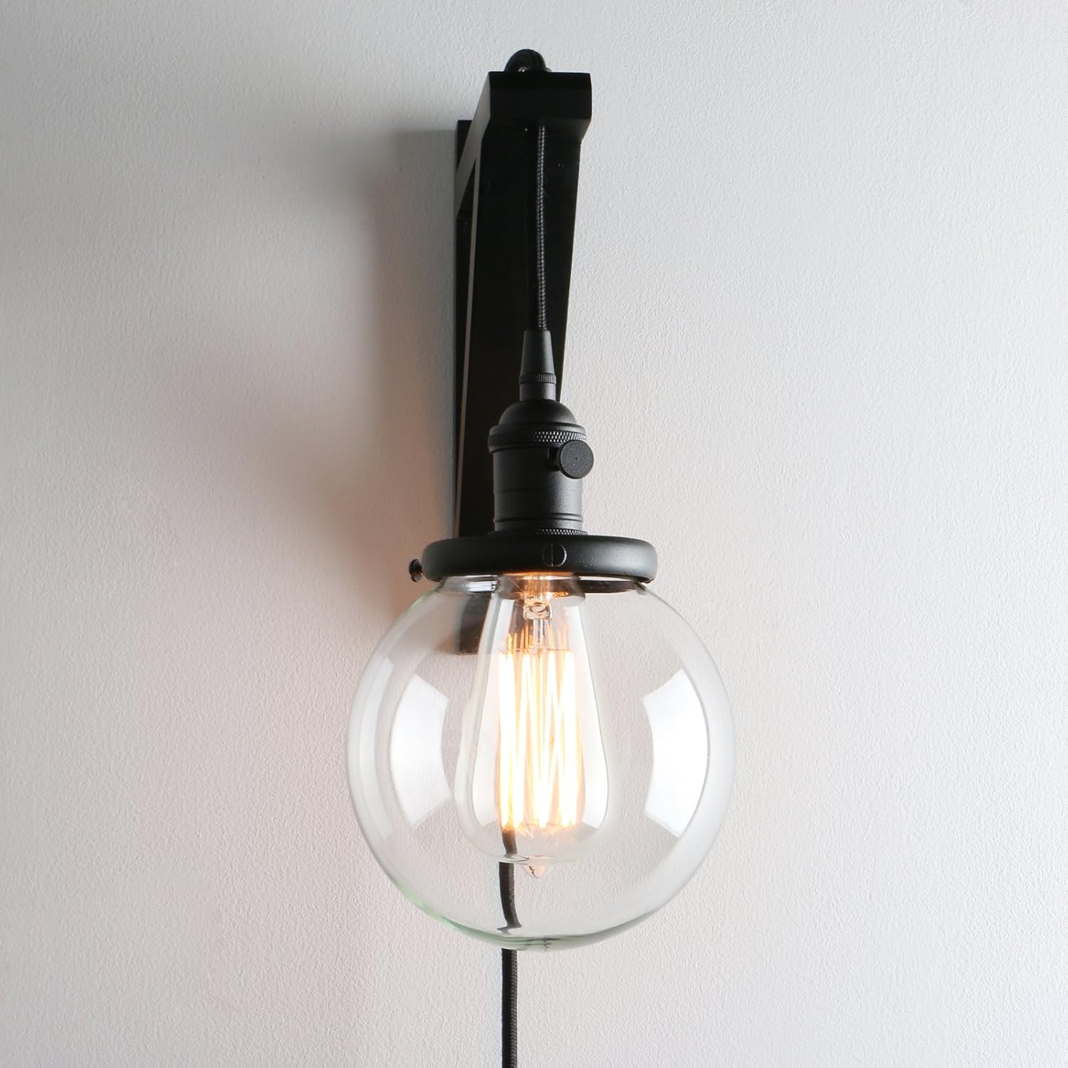 Black Friday - 50% OFF Permo Vintage Industrial 1-Light Plug in Wall Mount Wood Bracket Wall Sconce Lighting Fixture with Mini 5.9 Round Clear Glass Globe Hand Blown Shade (Black)
