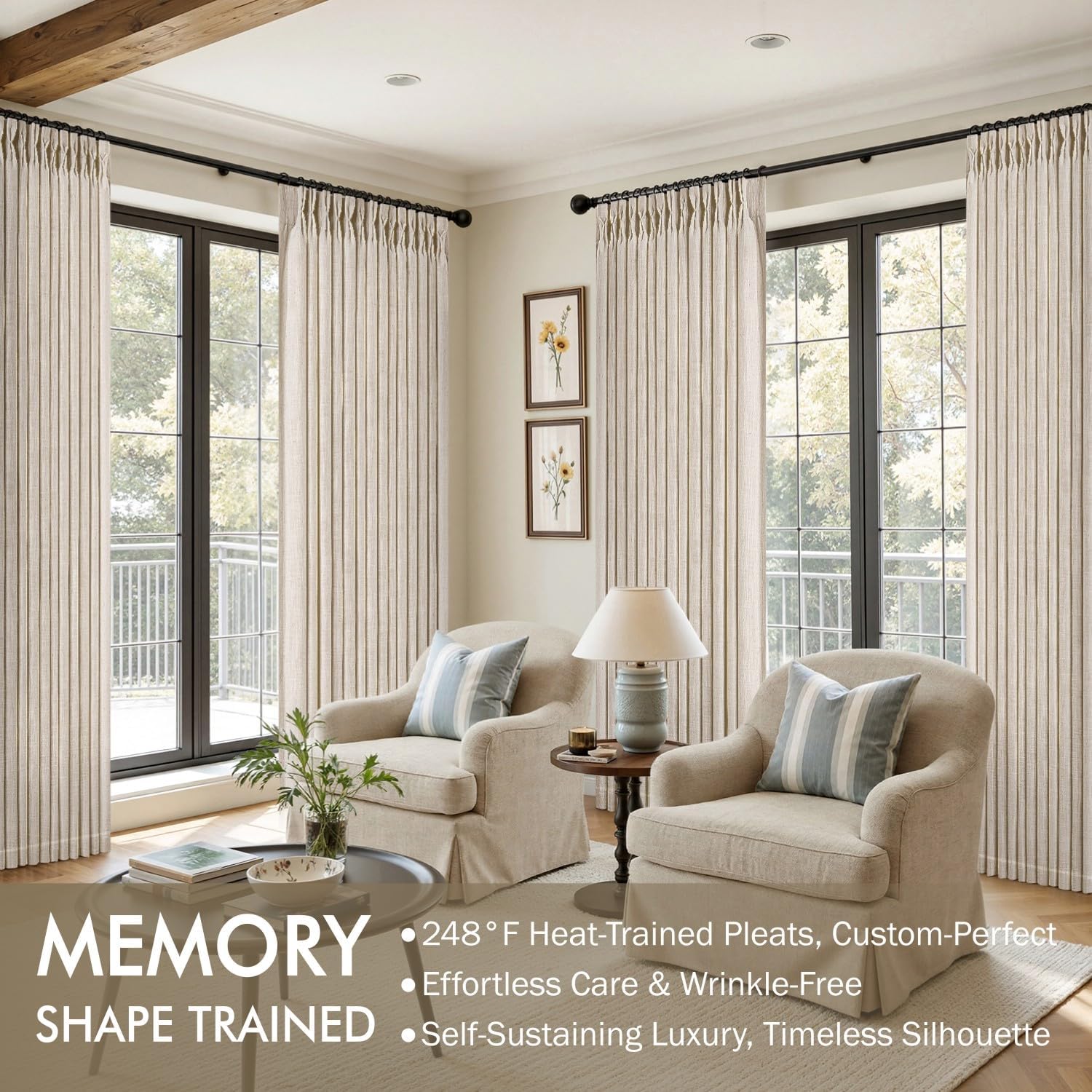 miulee pinch pleated thick linen curtains 96 inches long 2 panels for living room bedroom, memory trained drapes pinch pleat back tab semi sheer privacy neutral ivory cream farmhouse window curtains 40"w x 96"l (pack of 2) cream white