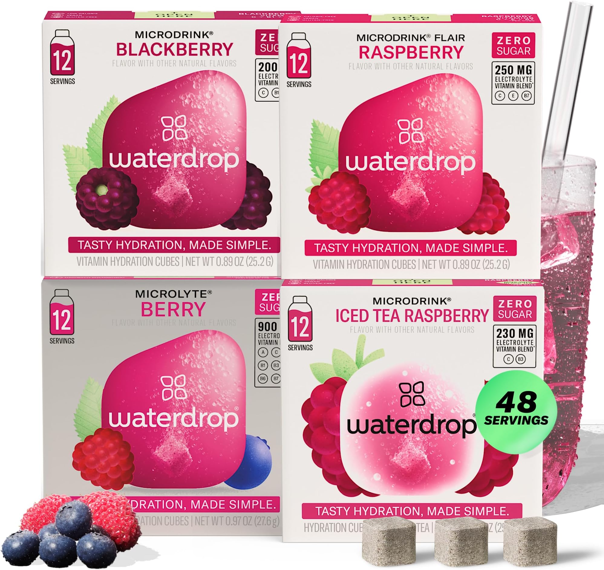 Waterdrop Hydration Cubes Mixed Berry Variety Pack, Zero Sugar Electrolyte & Vitamin Drink Mix, Flavored Water Enhancer Includes Blackberry, Blackcurrant, Microlyte Berry, Ice Tea Raspberry, 48 Count