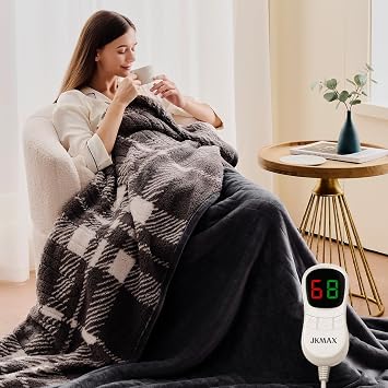 JKMAX Heated Electric Blanket Full Size - 72x84 Flannel Heating Blanket with 10 Heating Levels & 5 Time Settings Over-Heat Protection, Winter Warmer for Adults with ETL Certification(Grey)