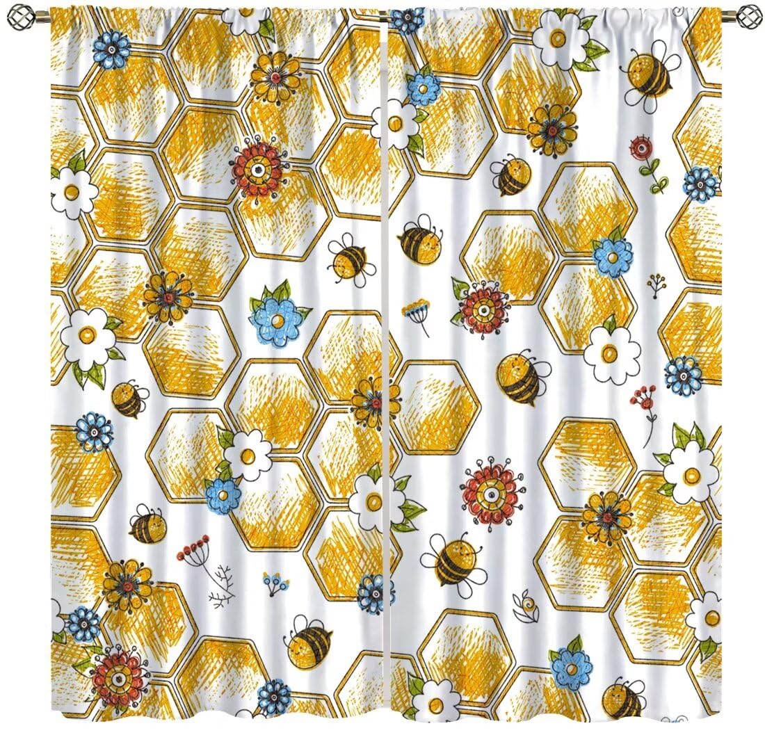 DDCBNS Kids Bee Curtains,Cartoon Flower Animal Cute Honey Bee Honeycomb Window Treatments for Boys Girls Child Bedroom Living Room Nursery Study
