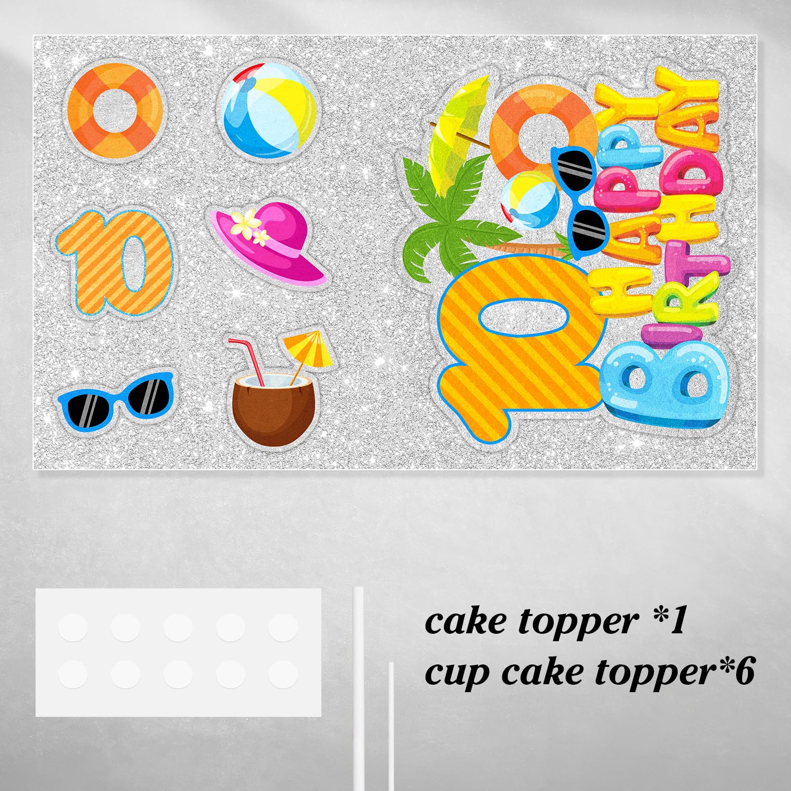 Kids Hawaiian Flamingo Birthday Cake Toppers - Set Of 7, Pool Party Theme, Glitter Card