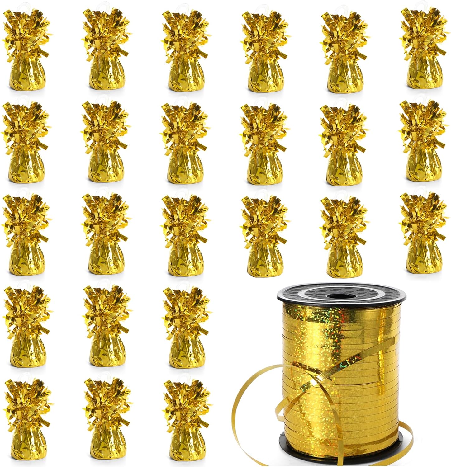 Frcctre 24 Pack Golden Balloon Weights Metallic Anchors Balloon Holder Foil Weights with 1 Roll Ribbon for Balloons Table Centerpiece DIY Decor for Birthday Party Decorations
