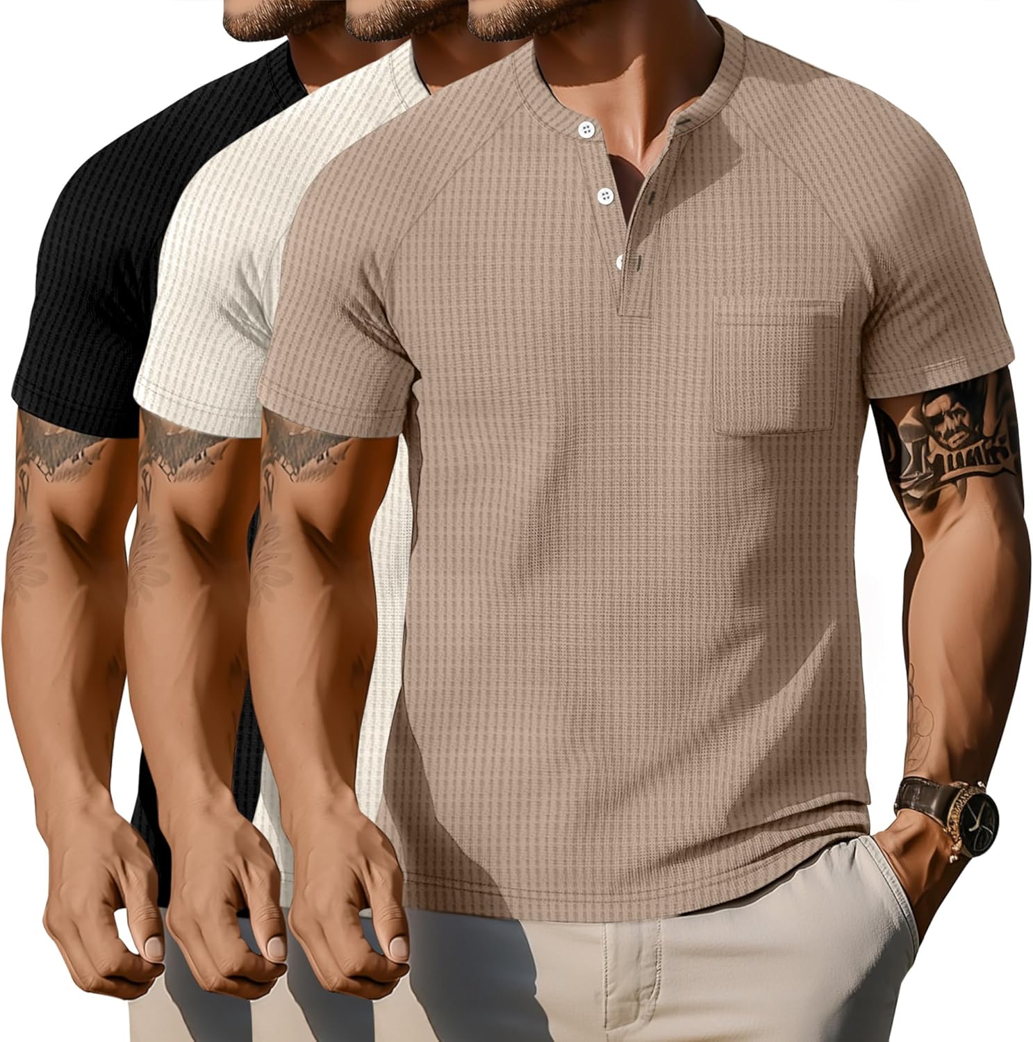 3 Pack Men's Big and Tall Waffle Henley T-Shirts, Raglan Short Sleeve Button Oversized Tops Basic Tees with Pocket