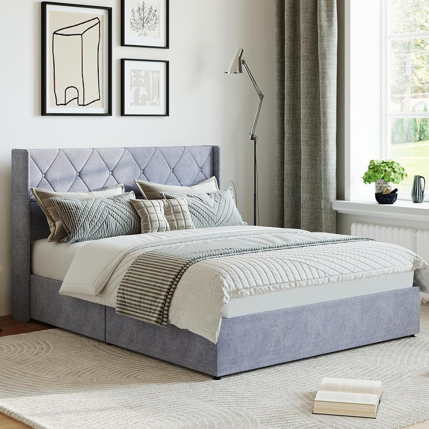 DUMOS Queen Size Lift Up Storage Bed with Wingback Headboard, Modern Upholstered Platform Bed Frame, Hydraulic Underneath Storage Space, Soft Velvet Platform Bed, No Box Spring Needed, Grey
