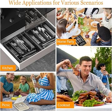 Covered Silverware Organizer for Kitchen Drawer and Countertop, 5-Compartment Cutlery Storage Box for Spoons, Forks, Knives (Black)
