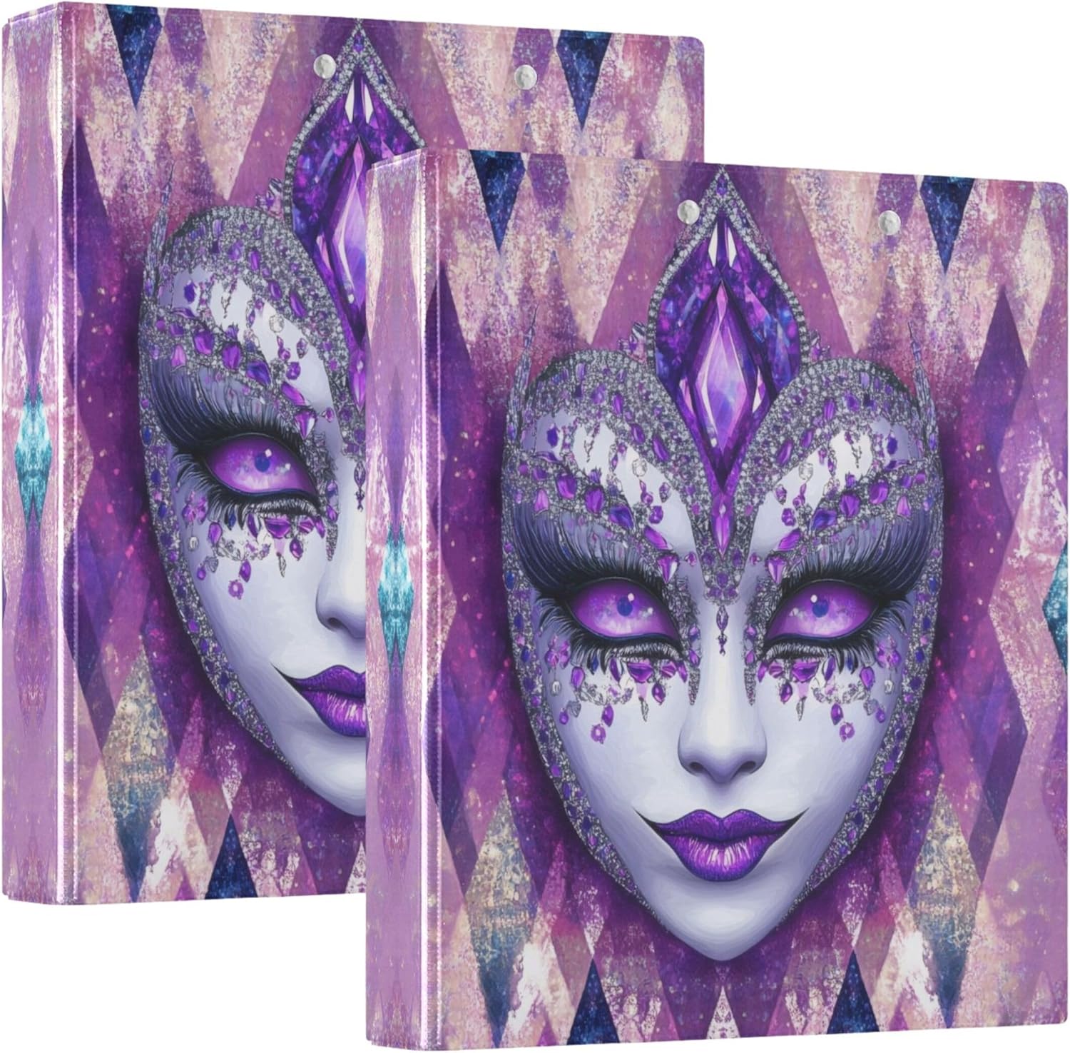Mardi Gras Colorful Masks 3 Ring Binders, 1.5” Round Ring Binders with Clipboard - Letter Size, 3 Interior PVC Clear Pockets & Anti-Slip Clip for Office School Supplies, 2PCS