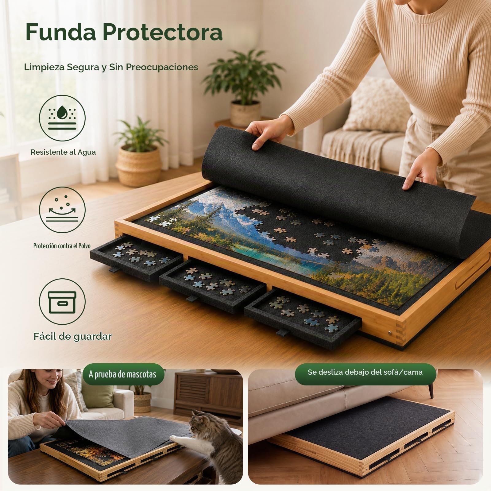 Mesa Inclinable para Puzzles de Fieltro 1000 Piezas con Cajones y Cubierta - Tablero Ligero de Fieltro con Soporte 2 en 1 y Asa de Transporte - Ideal para Adultos y Amantes de los Puzzles
