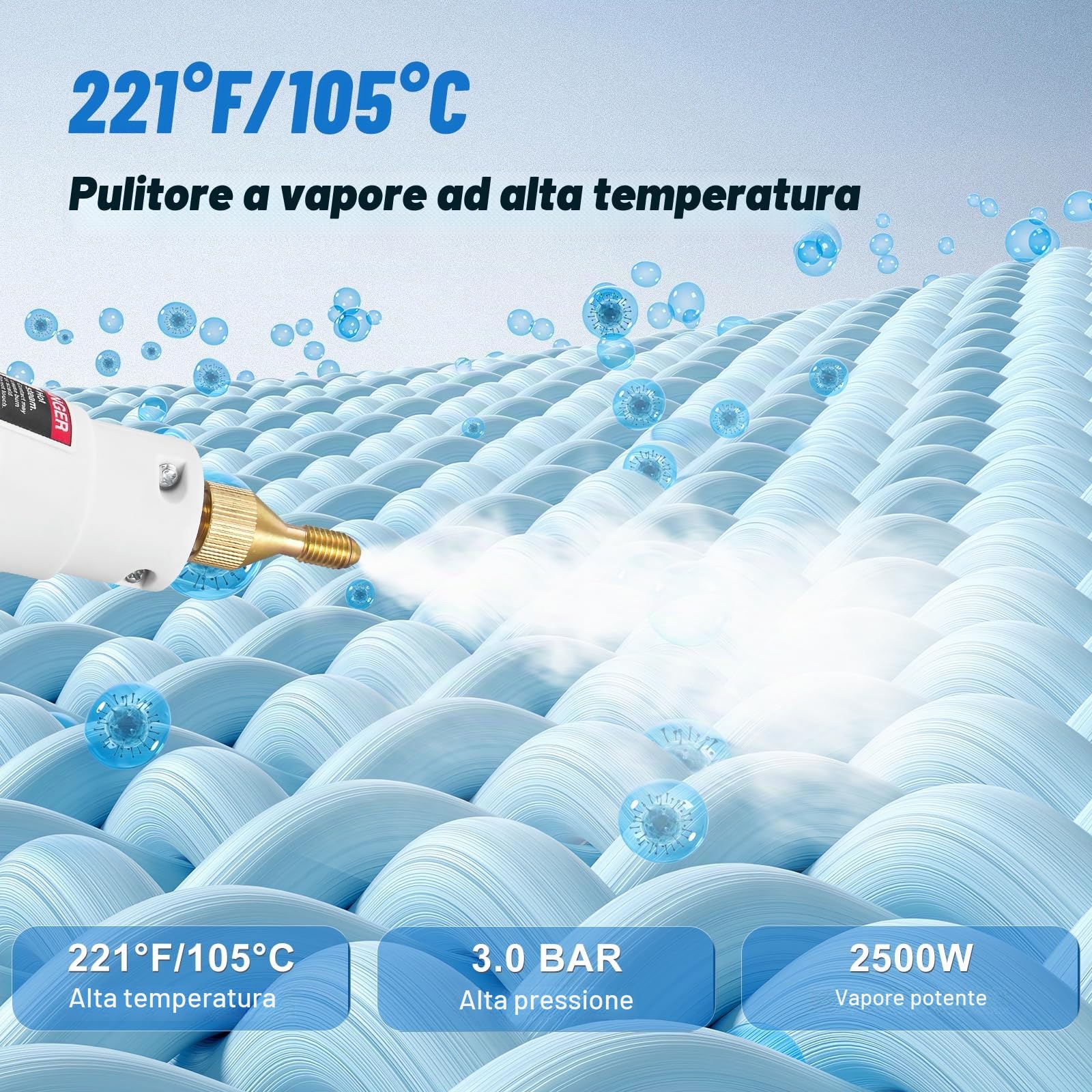 2500W Pulitore a Vapore Portatile, 9 Velocità Regolabili, con 9 Accessori, 1,2L Grande Serbatoio Steam Cleaner, per Cucina Bagno Patio Piastrelle Fughe Pavimenti (Bianco)