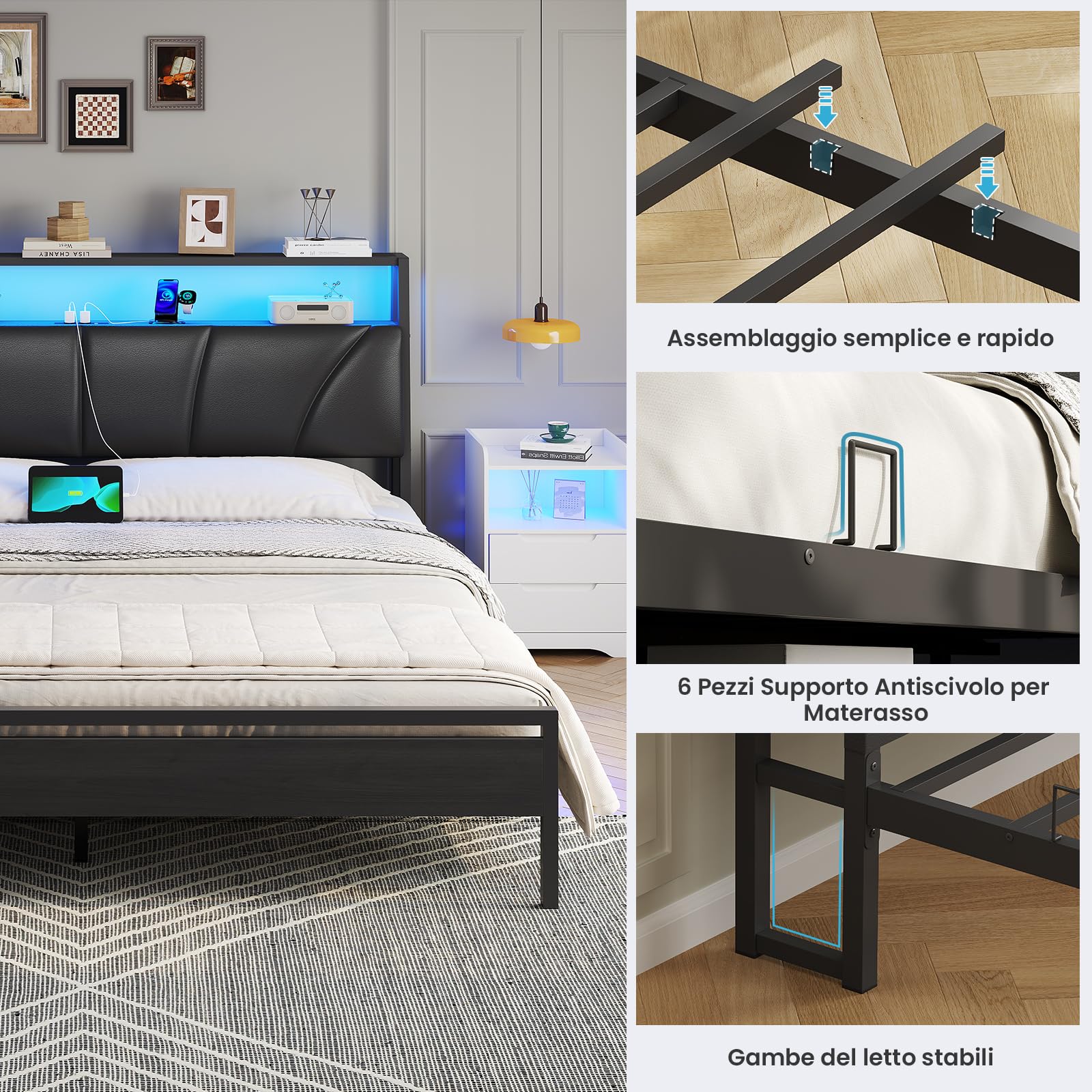 Brinlawb Letto Imbottito 160x200 cm, Struttura letto con Luce LED e Stazione di Ricarica (2 Prese CA 2 Porte USB) Letto Matrimoniale con testiera e pediera, Facile da montare, Moderno, Nero