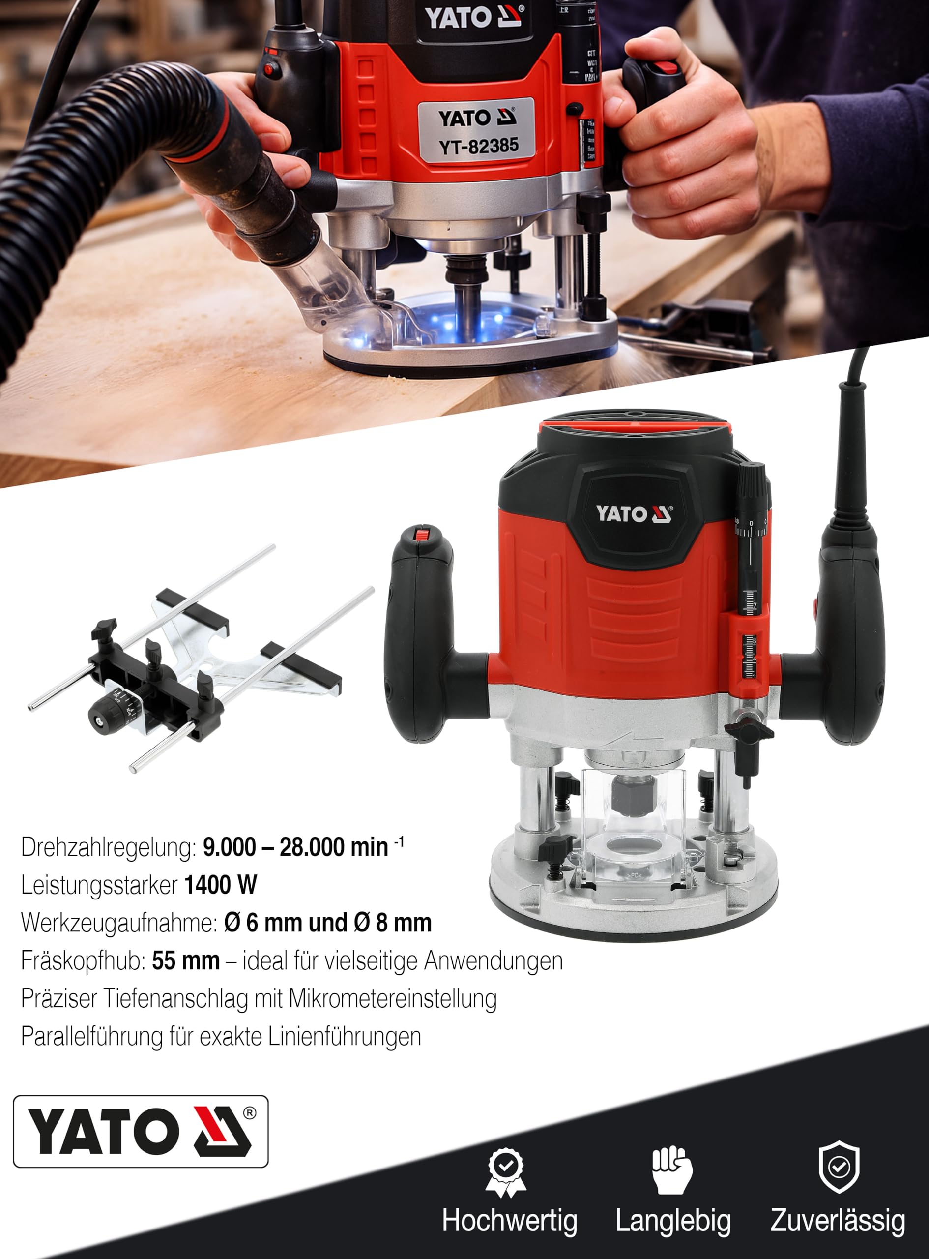 Wydajna frezarka górnowrzecionowa 1400 W, regulacja prędkości obrotowej, materiał drewnopochodny, mocowanie 6/8 mm, Soft‑Start, odsysanie pyłu
