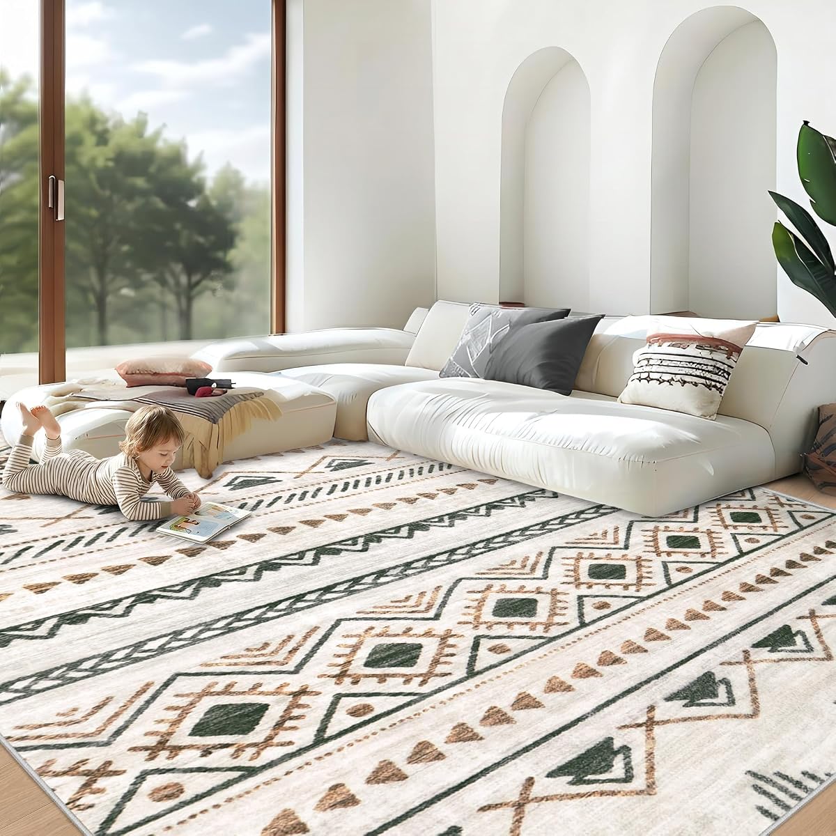Alfombra de área para sala de estar, alfombra grande y suave, geométrica bohemia, antideslizante, plegable, lavable, no se desprende, alfombra de piso interior para sala de estar, dormitorio, oficina, comedor (marrón verde, 8 x 10 pies)