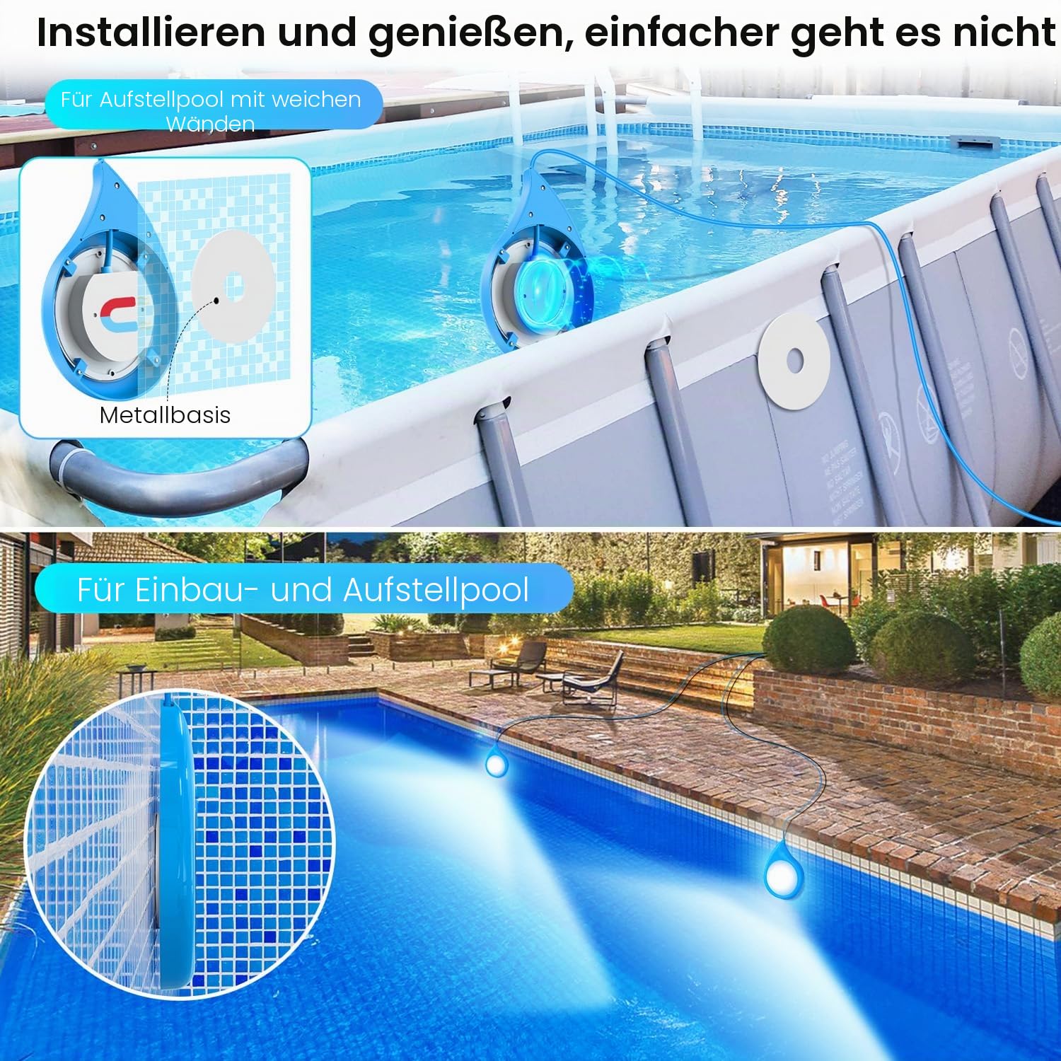 LyLmLe LED Poolbeleuchtung, 20W RGB Poolscheinwerfer mit Magnet für Stahlwandpools Framepools, IP68 Wasserdicht Dimmbar Farbwechselnde Unterwasser Poollicht mit APP-Kontrolle, 8m Kabel, 12V