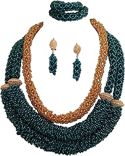 Juego de joyas para mujer con cuentas de color verde mezclado con oro, collar y pulsera, para fiesta nupcial