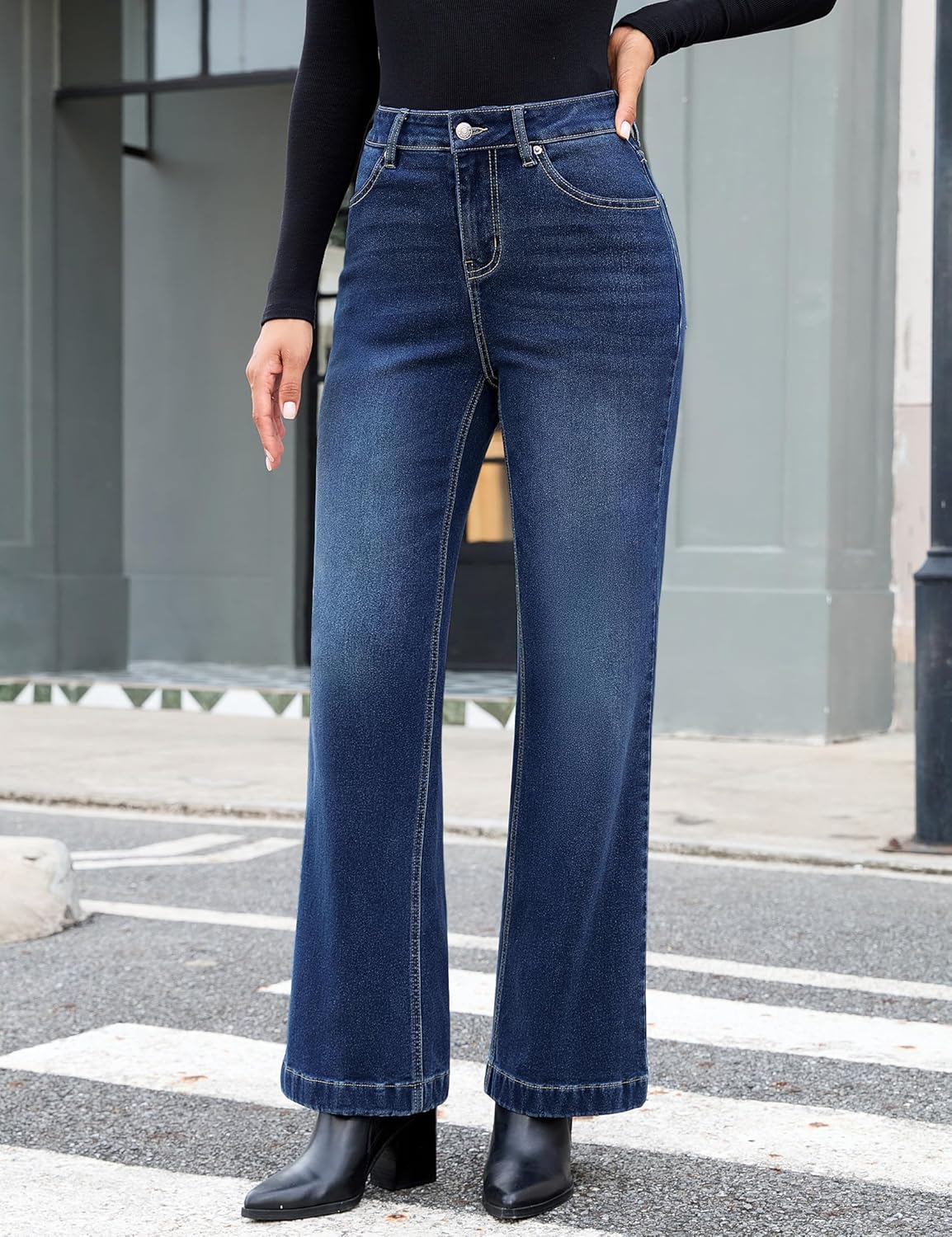 luvamia Flare Jeans for Women Thin Fleece Lined High Waisted Wide Leg Trendy Fall Stretchy Denim Pants Trouser Jeans - Image 5