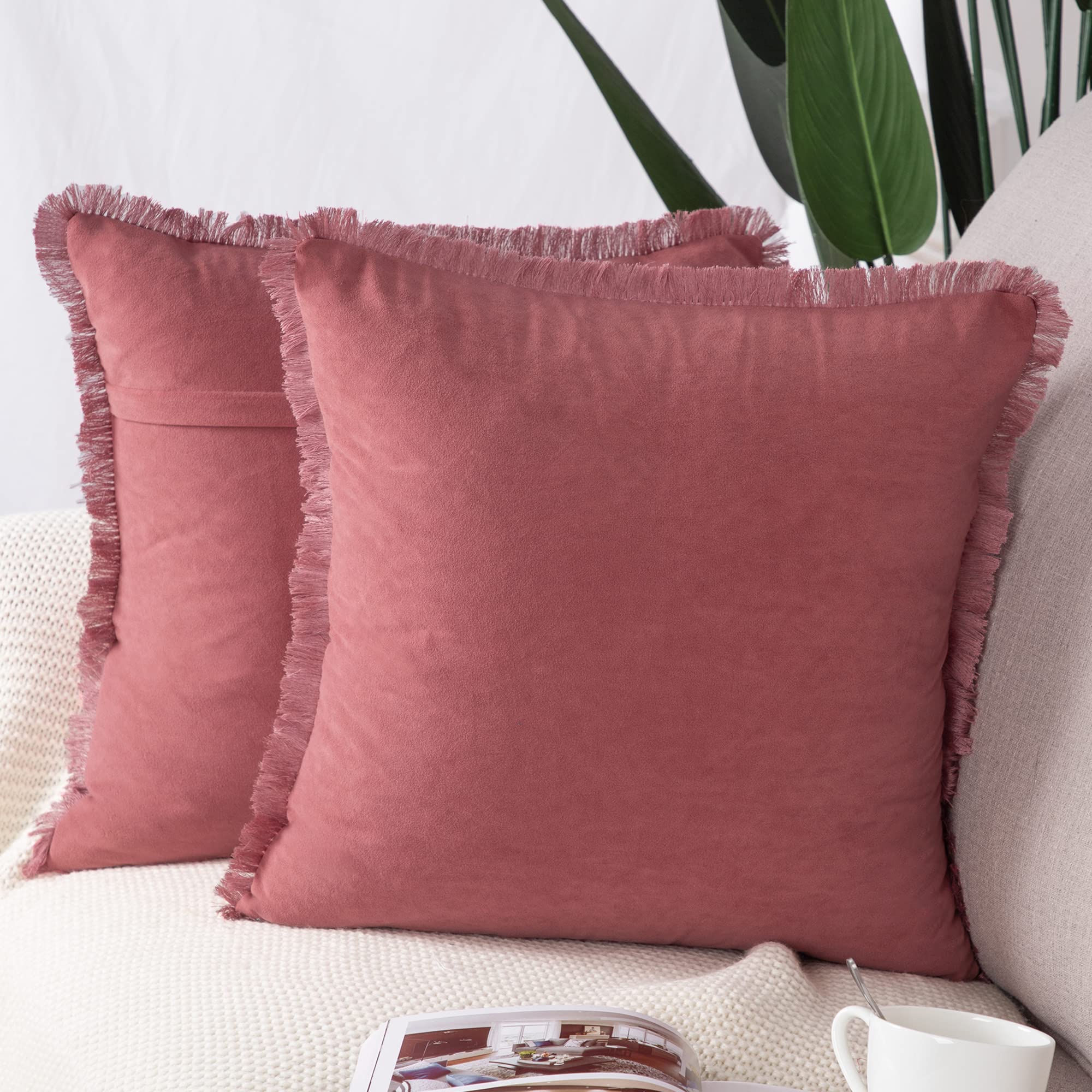MADIZZ Set of 2 Suede Throw Pillow Covers with Fringe Tassels 16x16 Inch Pink Soft Decorative Cushion Cover