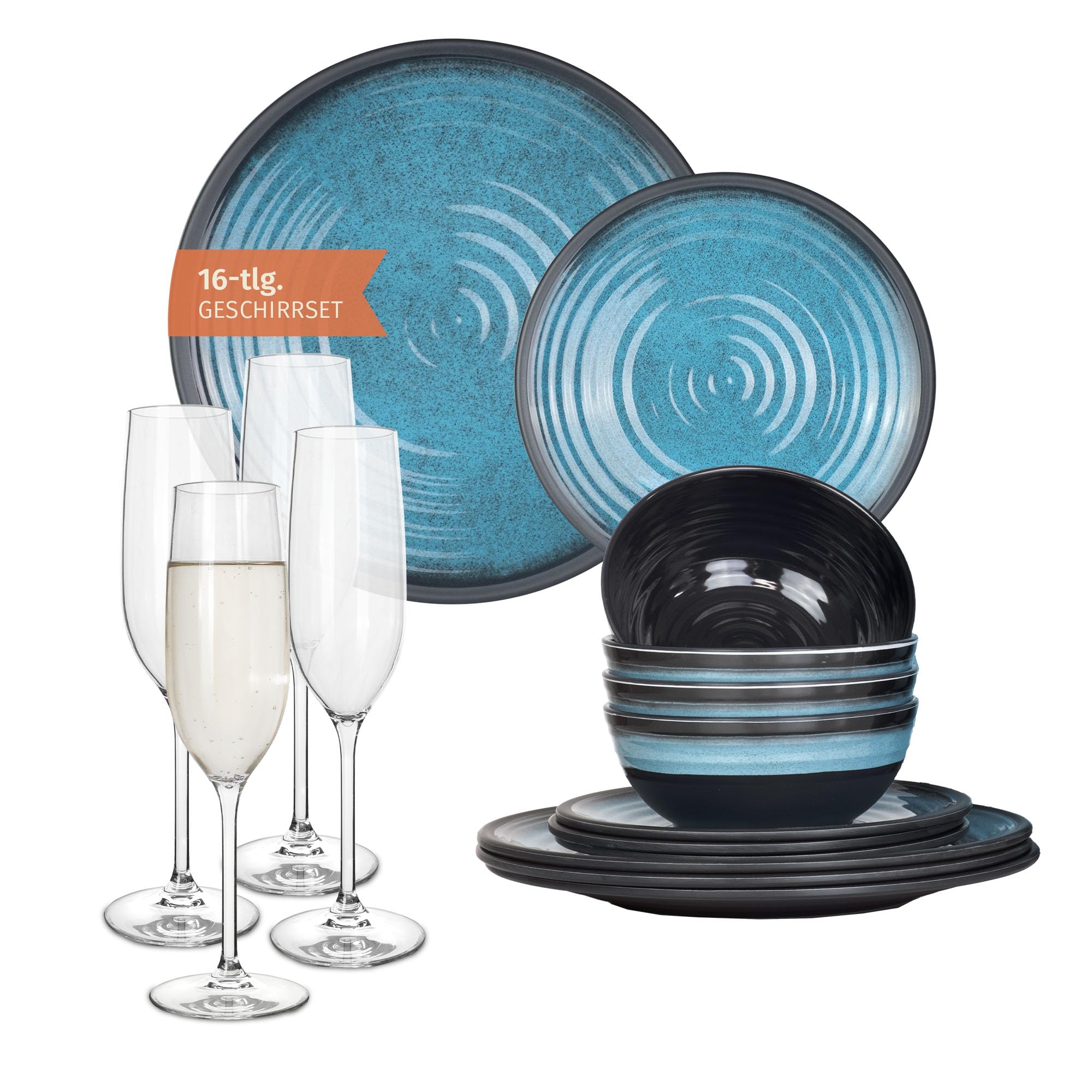 Set di stoviglie da campeggio in melamina, per 4 persone, colore blu pietra + 4 bicchieri Tiamo Champgner Flûtes da tavola, da picnic, barbecue, pentole
