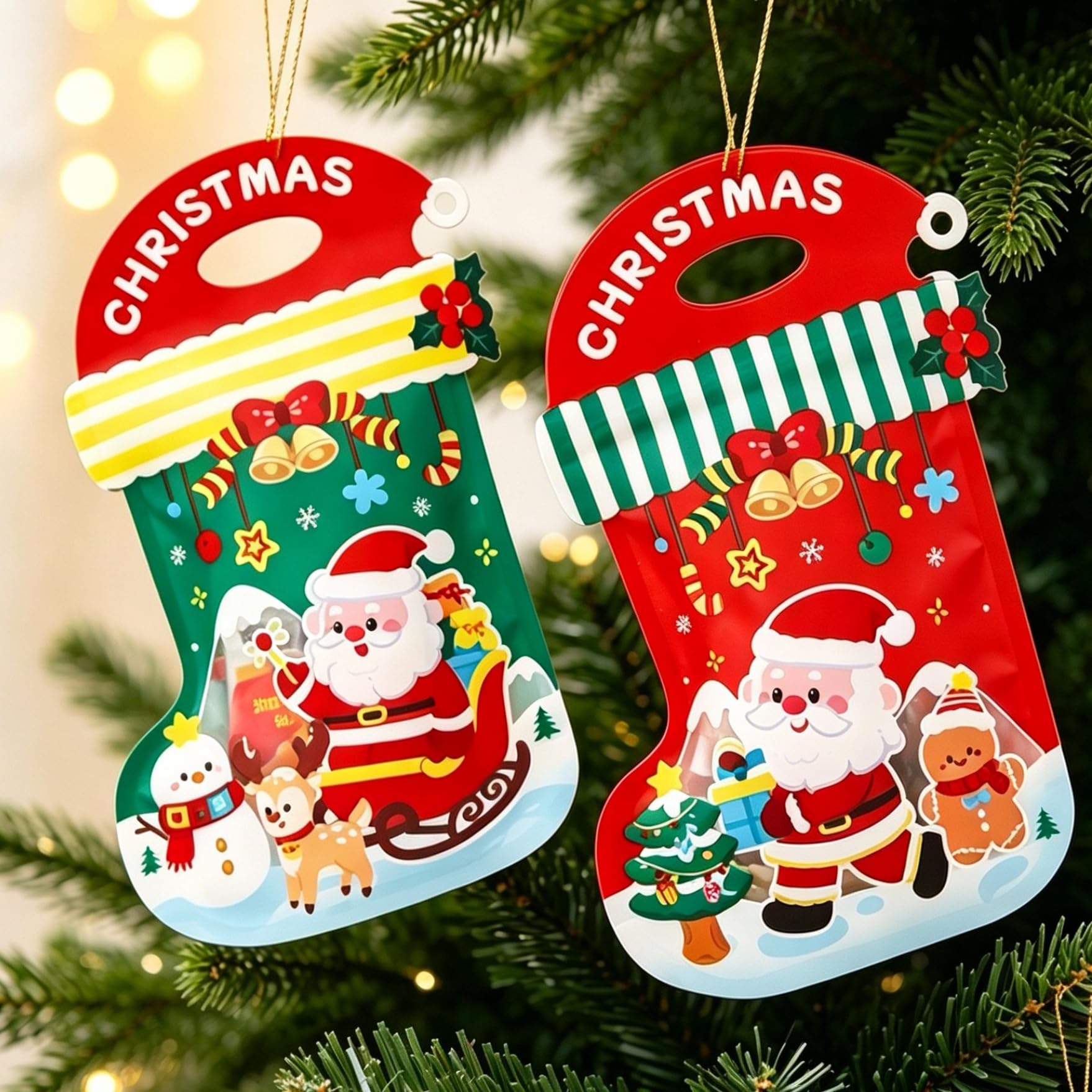 30 Pack Christmas Stocking Treat Bags, Resealable Zipper Goodie Pouches with Handle & Hanging Hole, Clear Window Stand-Up Plastic Candy Bags for Xmas Tree Decor, Holiday Party Favors & Gift Giving