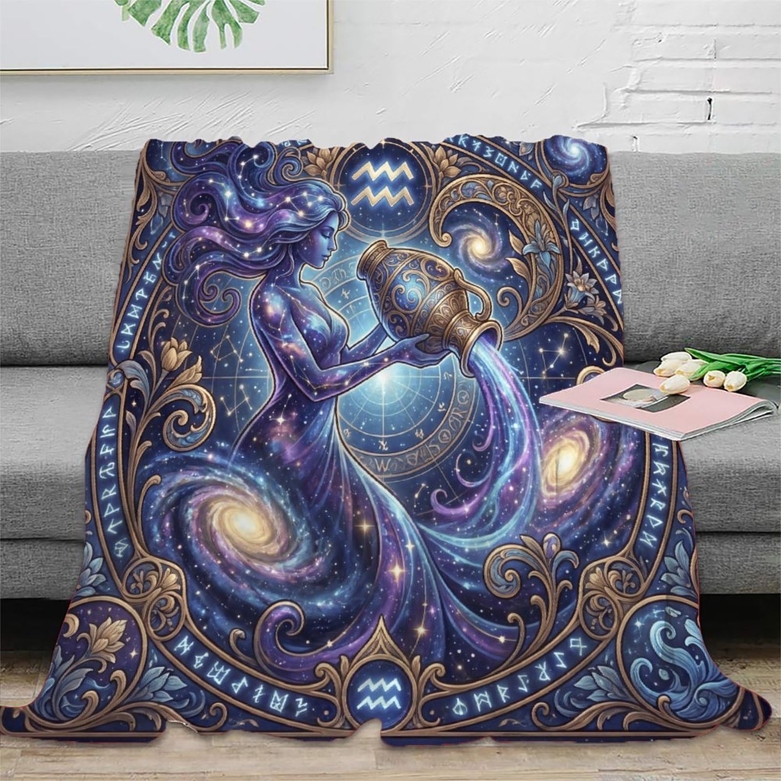 W7C8U2X3 Aquarius Zodiac Starry Flannel Throw Blanket, Bedroom Sofa Couch