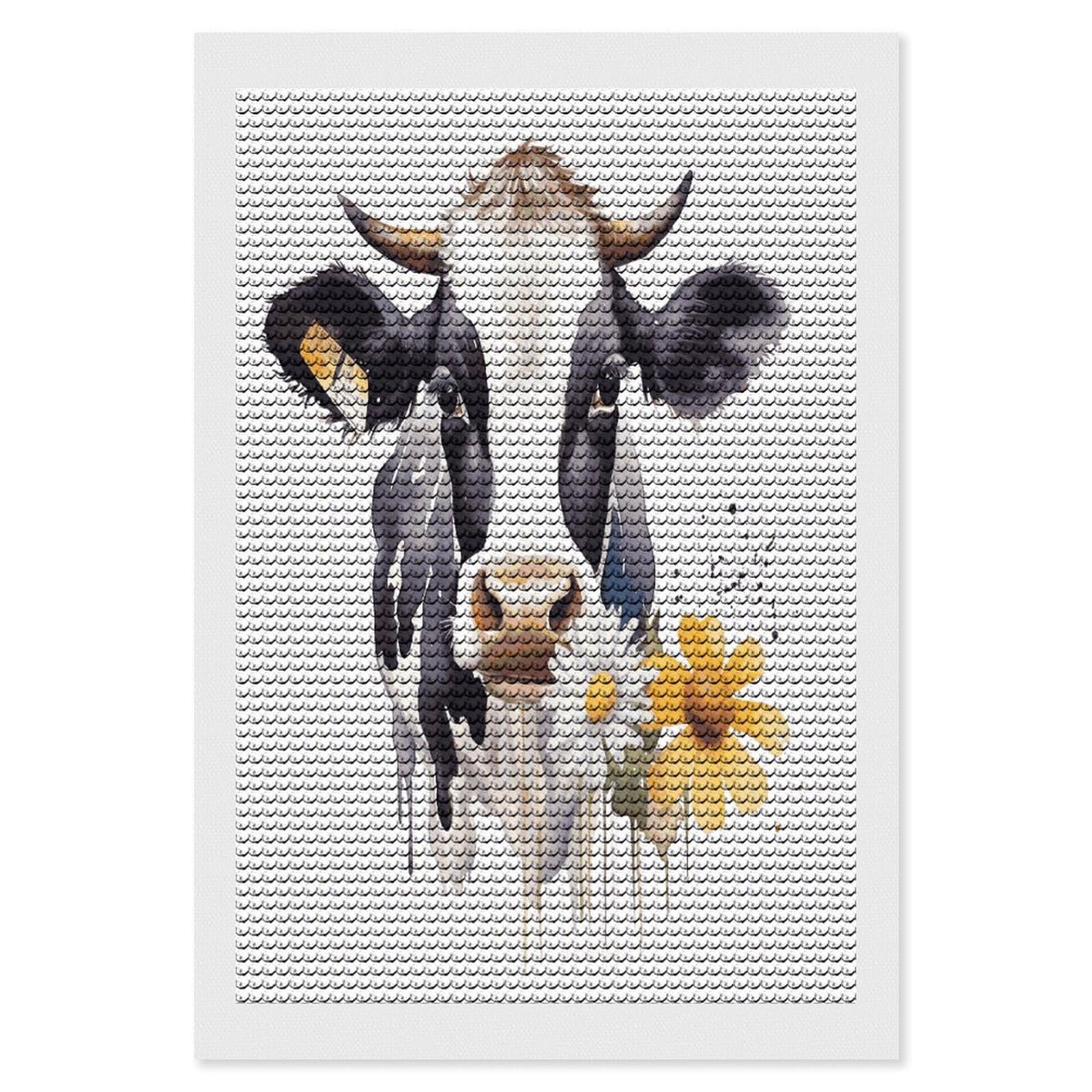 FekiLoot Watercolor Cow and Daisy Flower Paint by Numbers Kit for Adults Beginner DIY Diamond Dots Paintings Round Full Drill Diamond Art Kits Picture Diamond Art Painting Kits for Home Decor 8"x12"