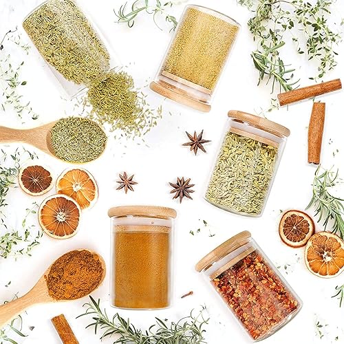 Miniatura 8 de Tarros de especias vacíos, juego de 12 tarros de especias de vidrio con tapa de bambú, botellas de almacenamiento de especias de 6 onzas con