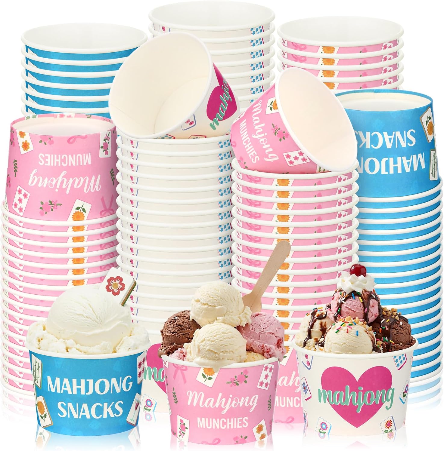 FoldTier 48 Pcs 9 oz Mahjong Treat Snack Cups Bulk Ice Cream Bowl Cute Cups Disposable Party Favors Paper Bowls for Birthday Iced Food Soup Sundae Snack Dessert Beverage(Classic)