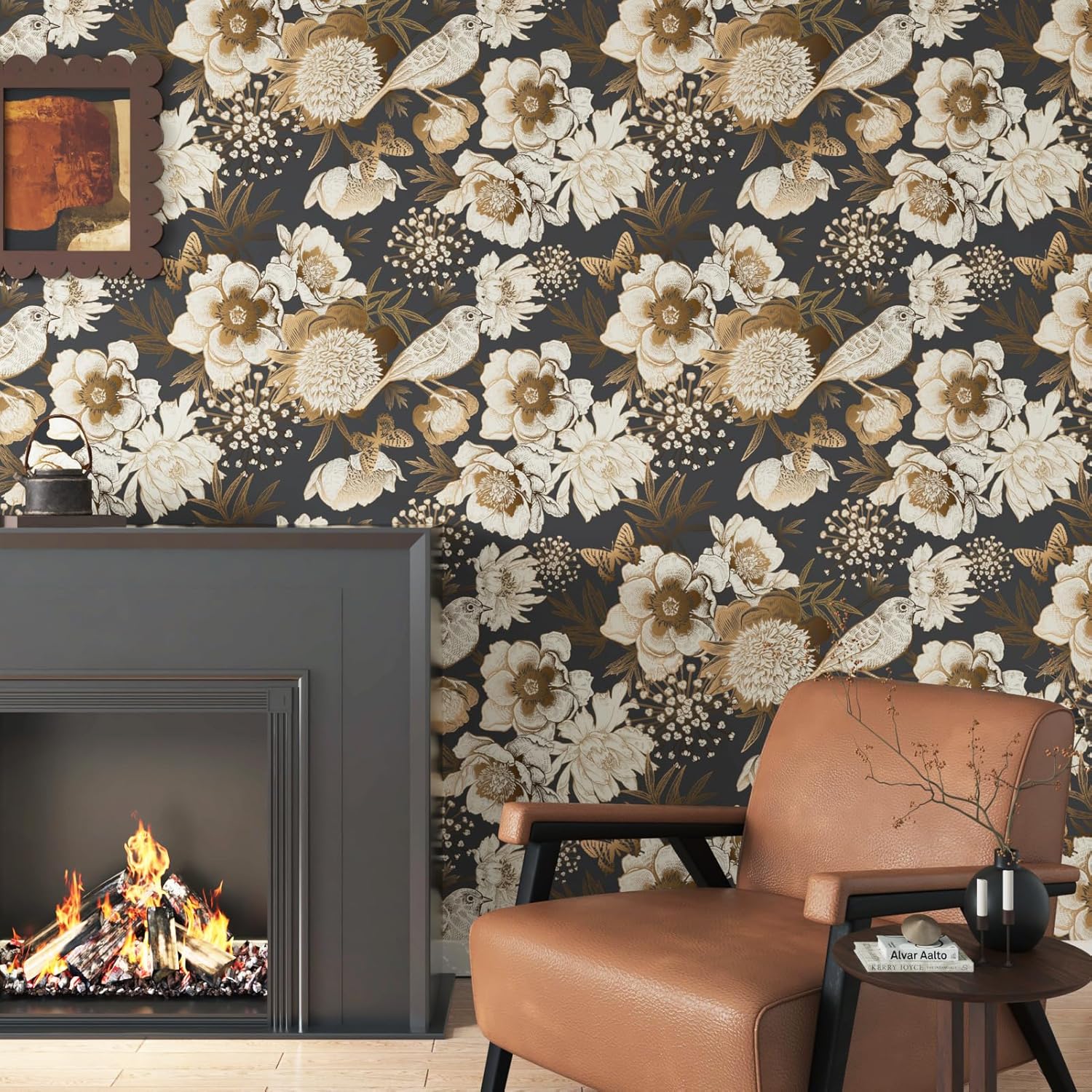 Wallercity Gold/Black Peony Peel and Stick Wallpaper Vintage Floral Birds Contact Paper for Countertops Cabinets Self Adhesive Waterproof Golden Wallpapers for Bedroom Bathroom Shelf Liner 17.5x315 IN
