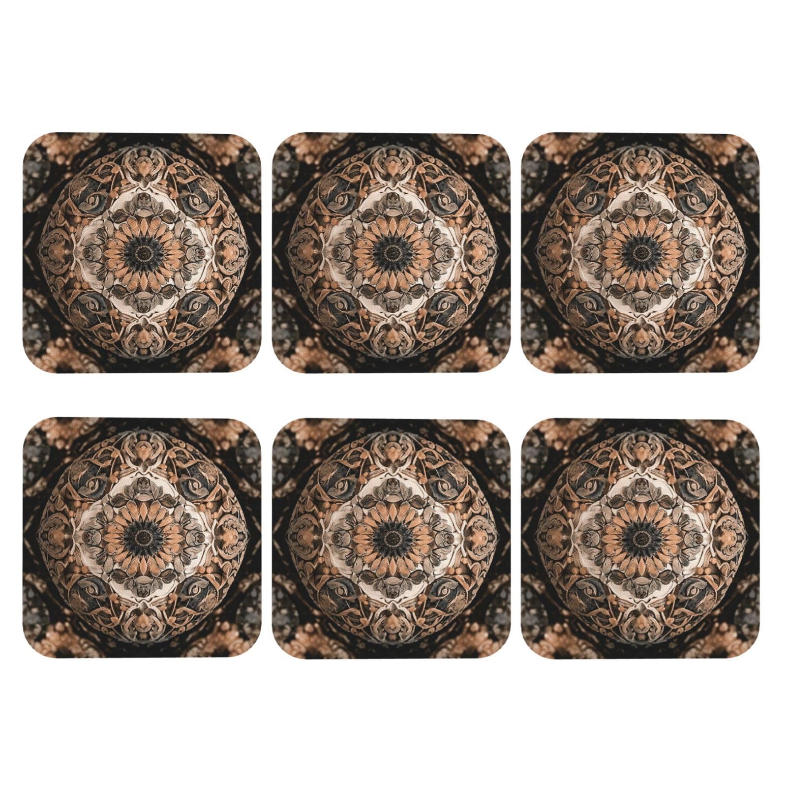 6pcs Leather Coasters for Drinks, Old Ornament Drink Coasters for Tabletop Protection, 4" Cup Coasters for Coffee Table Decor, Non-Slip Drinking Cup Mat for Hot Or Cold Drink