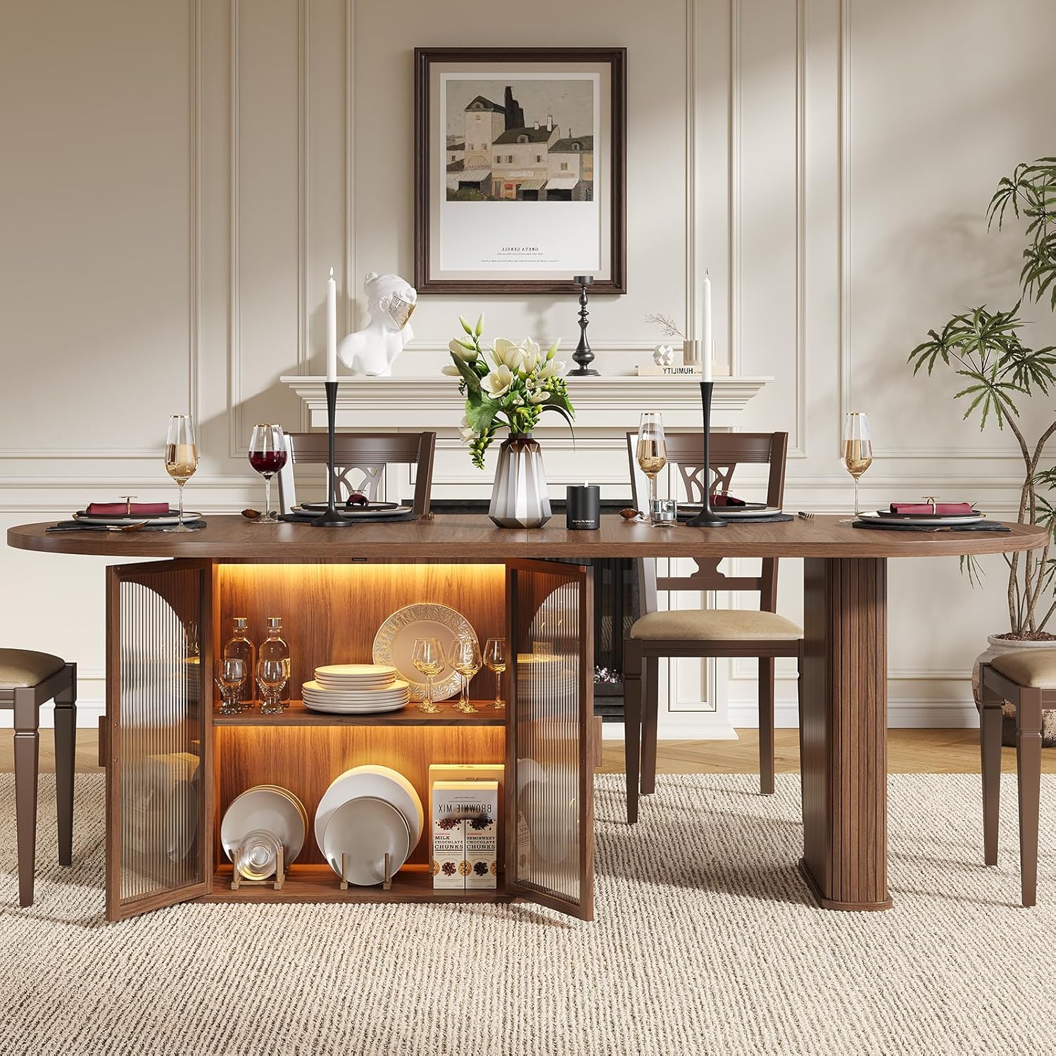 ONBRILL 70 Inch Oval Dining Table for 6-8, Modern Dining Room Table with 2-Tier Storage Space, Wood Kitchen Table with LED Light, Dinner Table with Heavy Duty Legs, Walnut