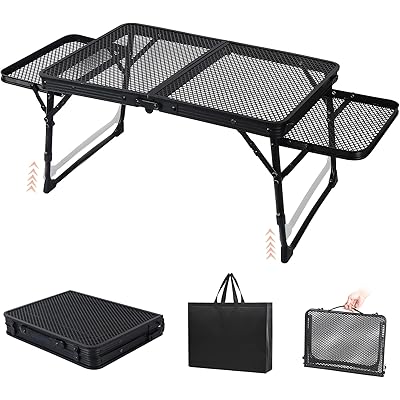 キャンプ テーブル 折畳テーブル サイドテーブル付き メッシュテーブル 大きなスペース ローテーブル 二つ折りテーブル 耐熱【超軽量材質 耐荷重45kg】携帯便 …
