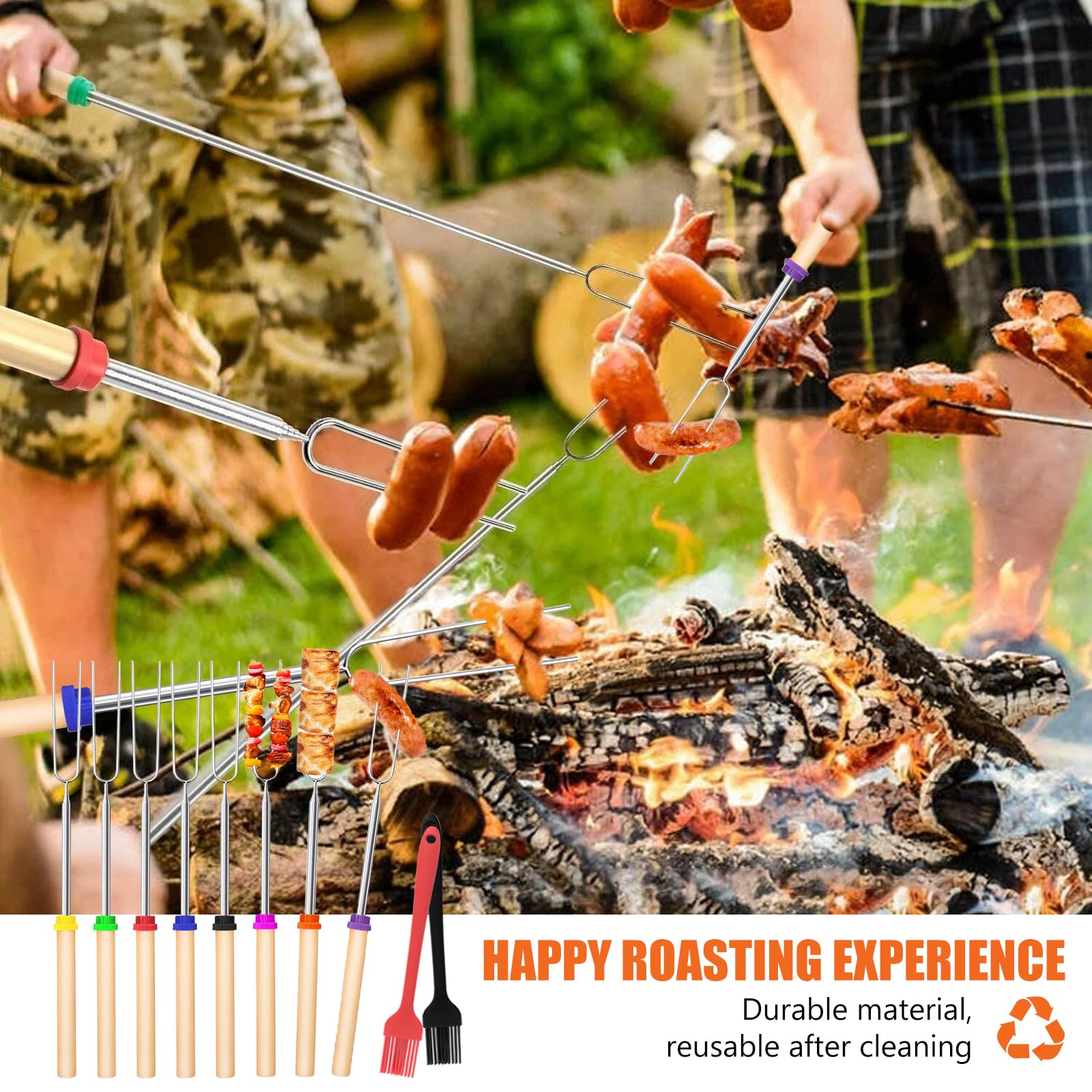 8 Piezas Pinchos Telescópicos para Barbacoa, con 2 Cepillo de Aceite, Varillas de Barbacoa de Malvavisco, Brochetas Extensibles de Acero Inoxidable, Para Hoguera, Barbacoa, Camping, Picnics