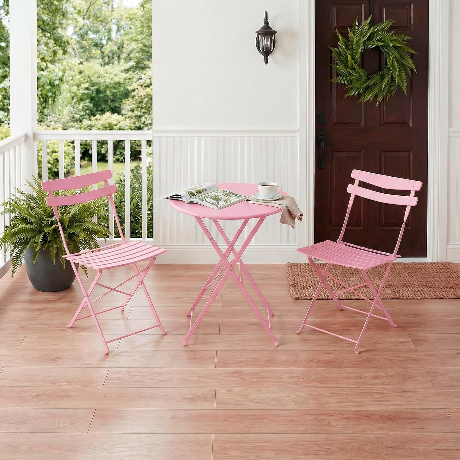 IDEALHOUSE Bistro Table and Chairs Set of 2, 3-Pieces Patio Bistro Set, Folding Design, No Assembly Need, Outdoor/Indoor Outdoor Patio Furniture Set for Balcony Yard Garden, Pink