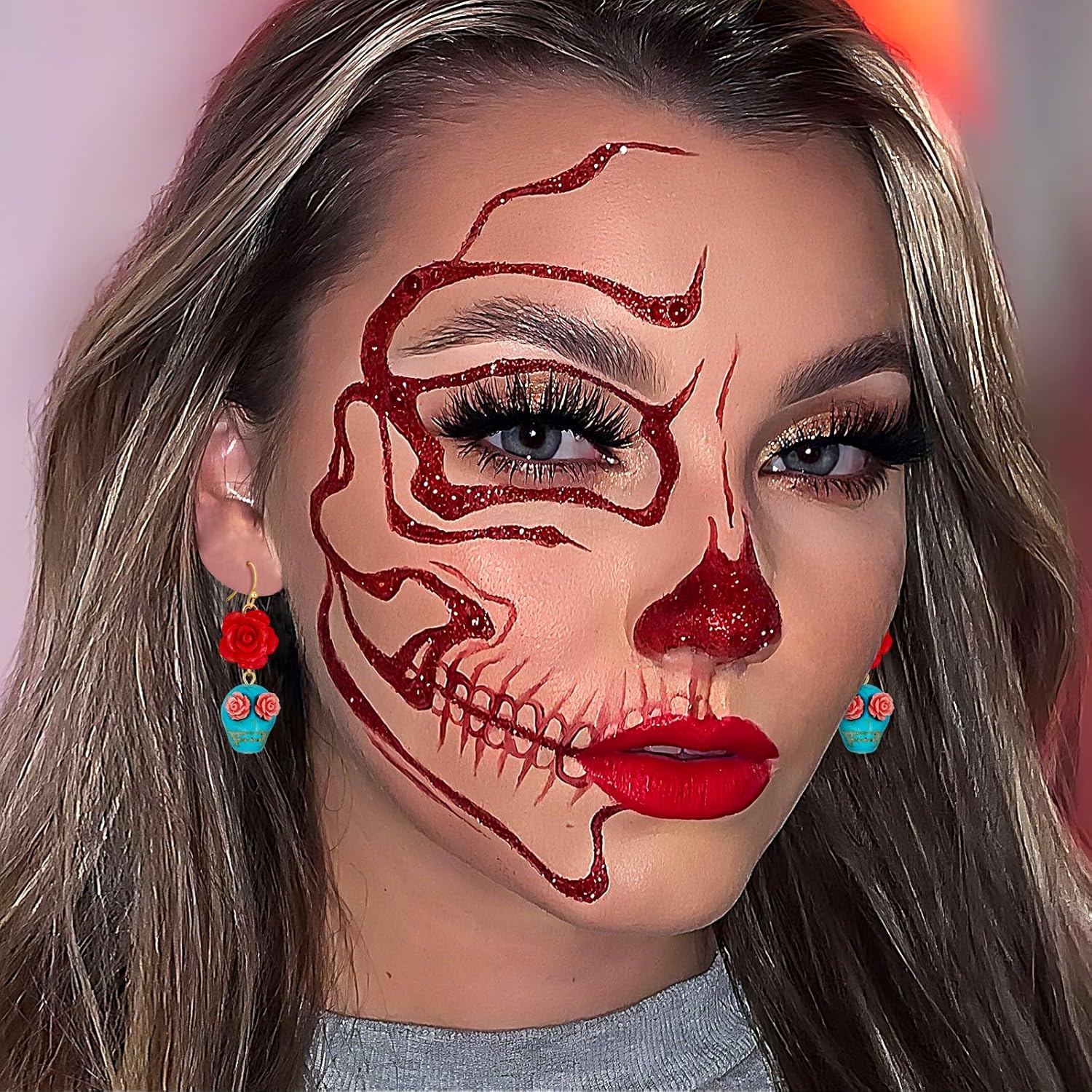 Halloween Earrings for Women Red Flower Little Ghost Studs Earring Skull Rose Drop Earrings Pumpkin Witch Hat Stud Spooky & Fun Holiday Jewelry - Image 2