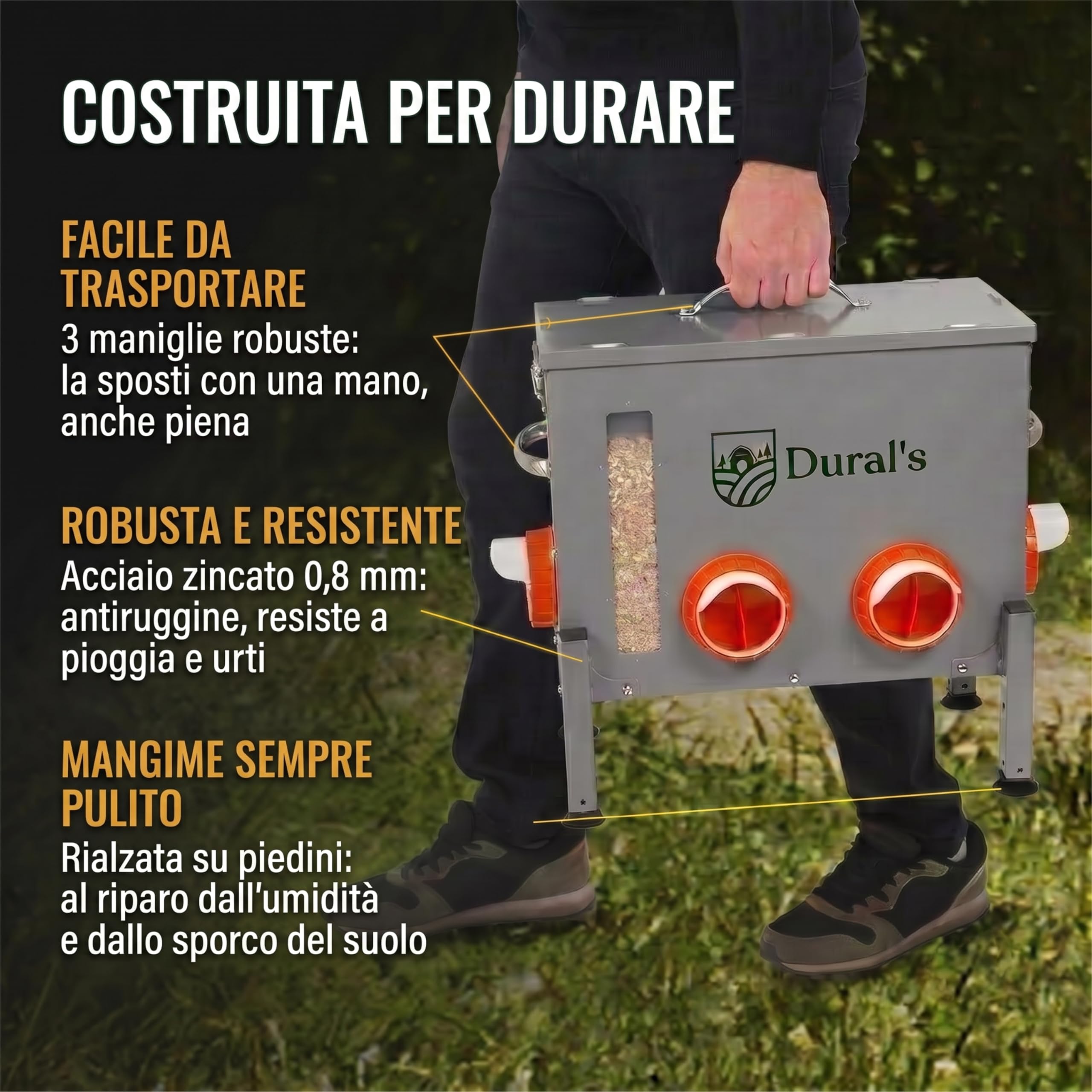 Dural's® Mangiatoia Galline Antitopo Grande Capacità 18 kg – Distributore Automatico di Mangime in Acciaio Zincato, 6 Aperture e Finestra di Livello – Mangiatoia Polli da Esterno Pollaio