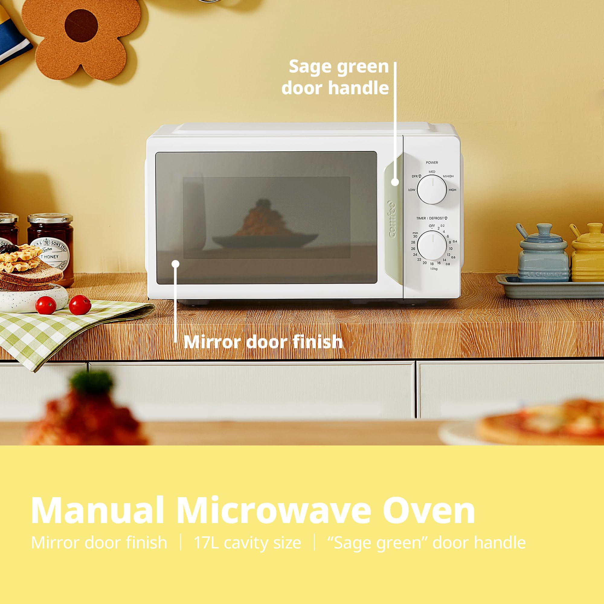 Comfee' - Mini forno a microonde da 700 W e 17 L bianco e salvia, design compatto, funzione InverTech e scongelamento rapido, 5 livelli di potenza di cottura con timer manuale di cottura