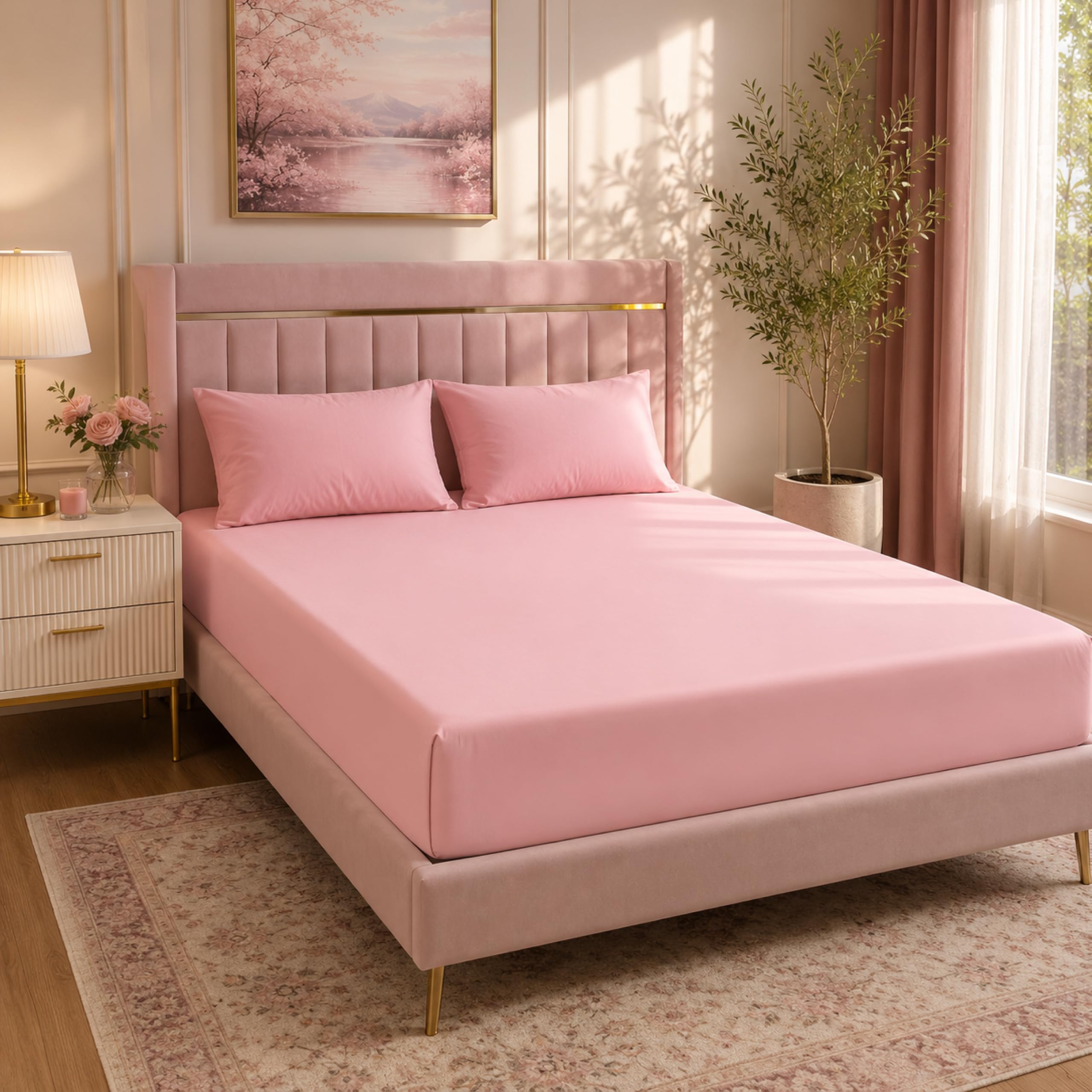 Microfiber Double Fitted Sheet (135x190) cm 12 inches Deep Pocket Baby Pink