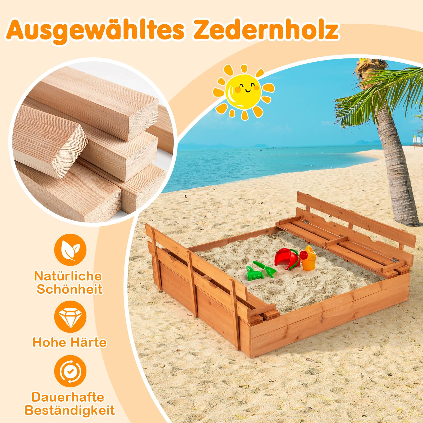 COSTWAY Sandkasten mit Sitzbänken, 120x120 cm Sandkiste Holz, Sandbox mit Deckel & Bodenvlies, Kinder Sandkasten Outdoor, für Garten, Balkon, Terrasse